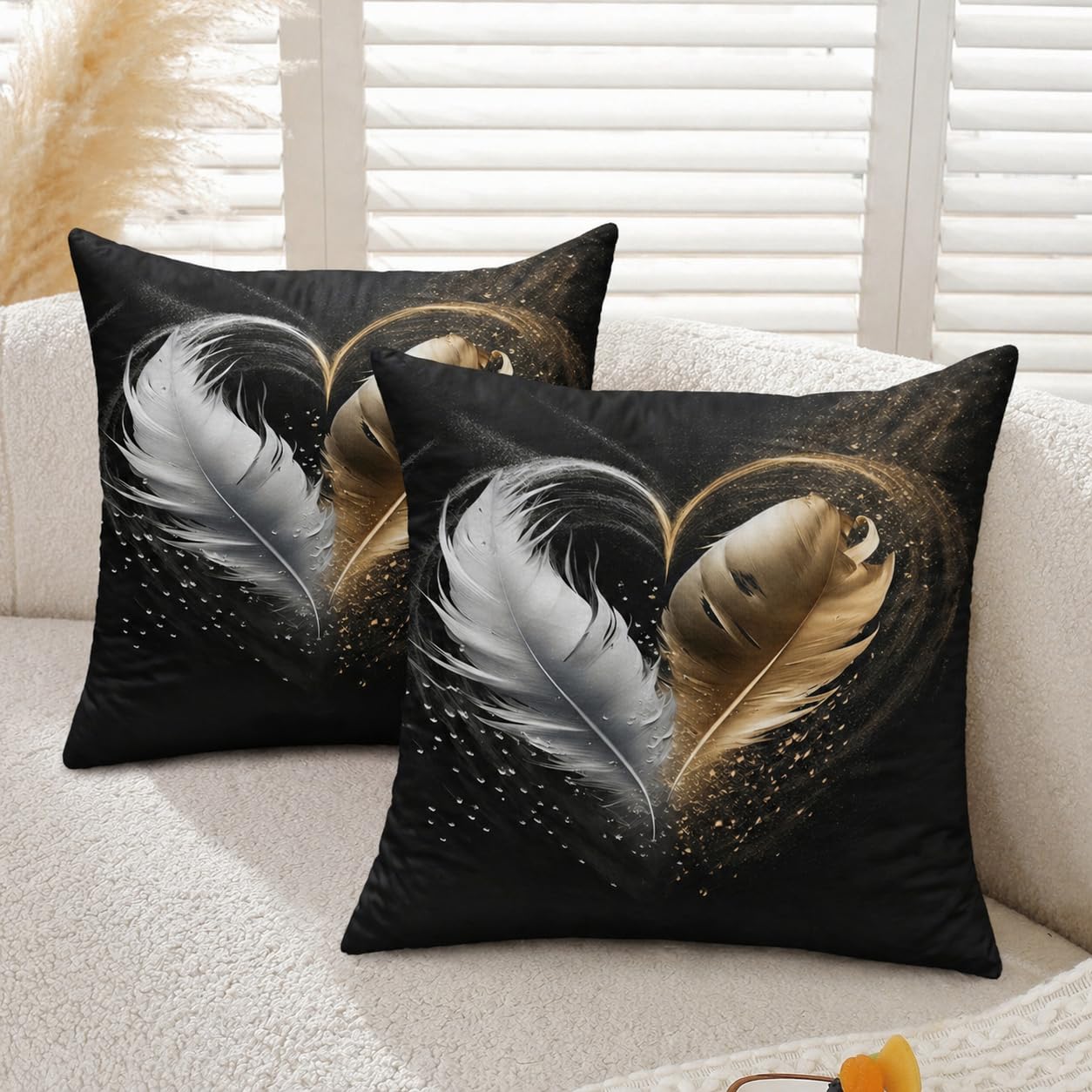 Gemdoit Cushion Covers 45 x 45 cm Pack of 2 Black Gold Feather Heart Throw Pillow Covers 18x18 Square Sofa Cushions for Living Room Home Decor — image 1