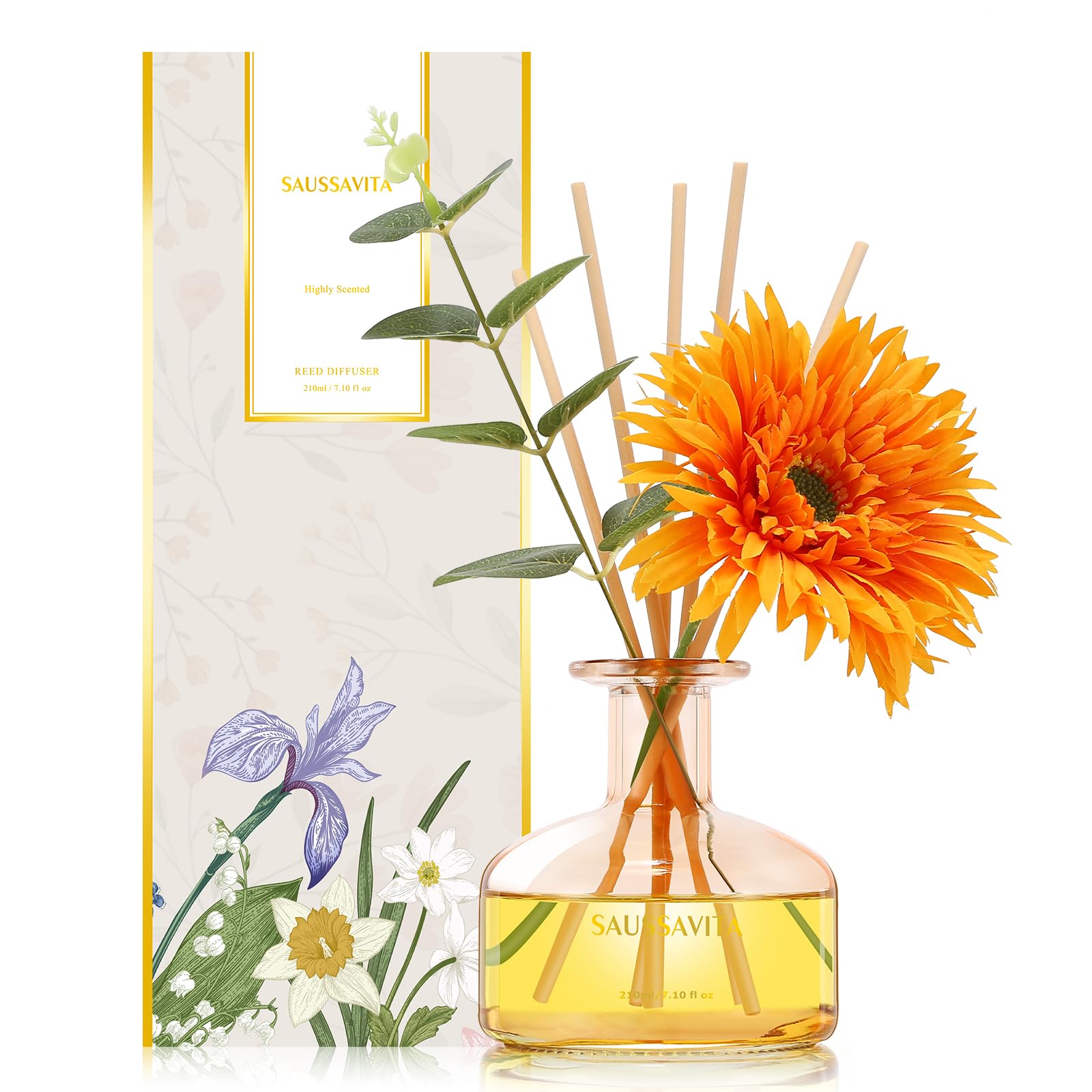 Saussavita Raumduft Diffuser 120 Tage, Aroma Diffuser mit 7 Duftstäbchen, Natürlich, Langanhaltend, Blume Raumdüfte, Lufterfrischer für die Badezimmer (Grapefruit & Bergamotte)