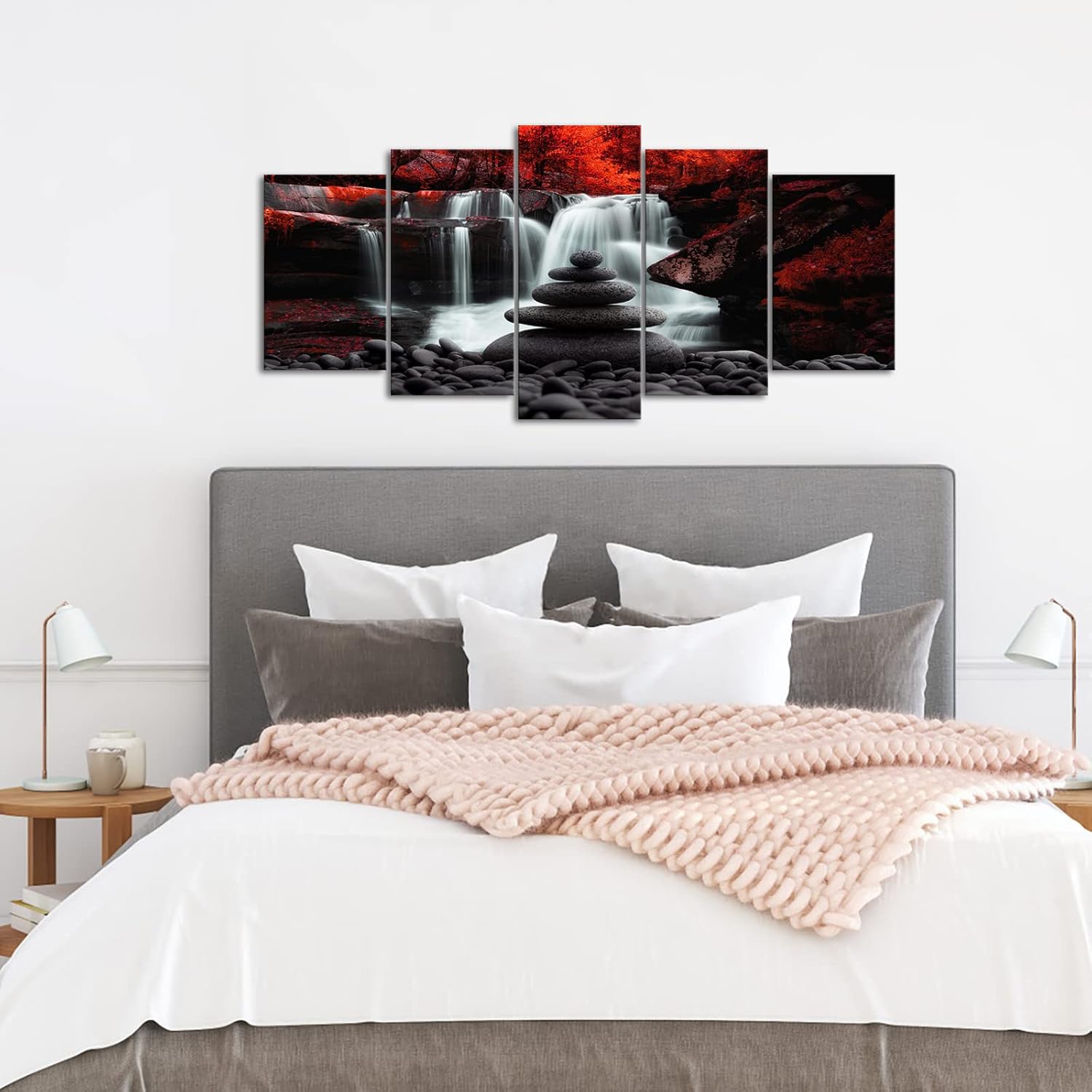 Conipit Black White Red Landscape Print Artwork for Living Room Red Tree Canvas Autumn Wall Art Zen Stones Waterfall Painting Picture Wall Decor Framed Ready to Hang (50''x24'')
