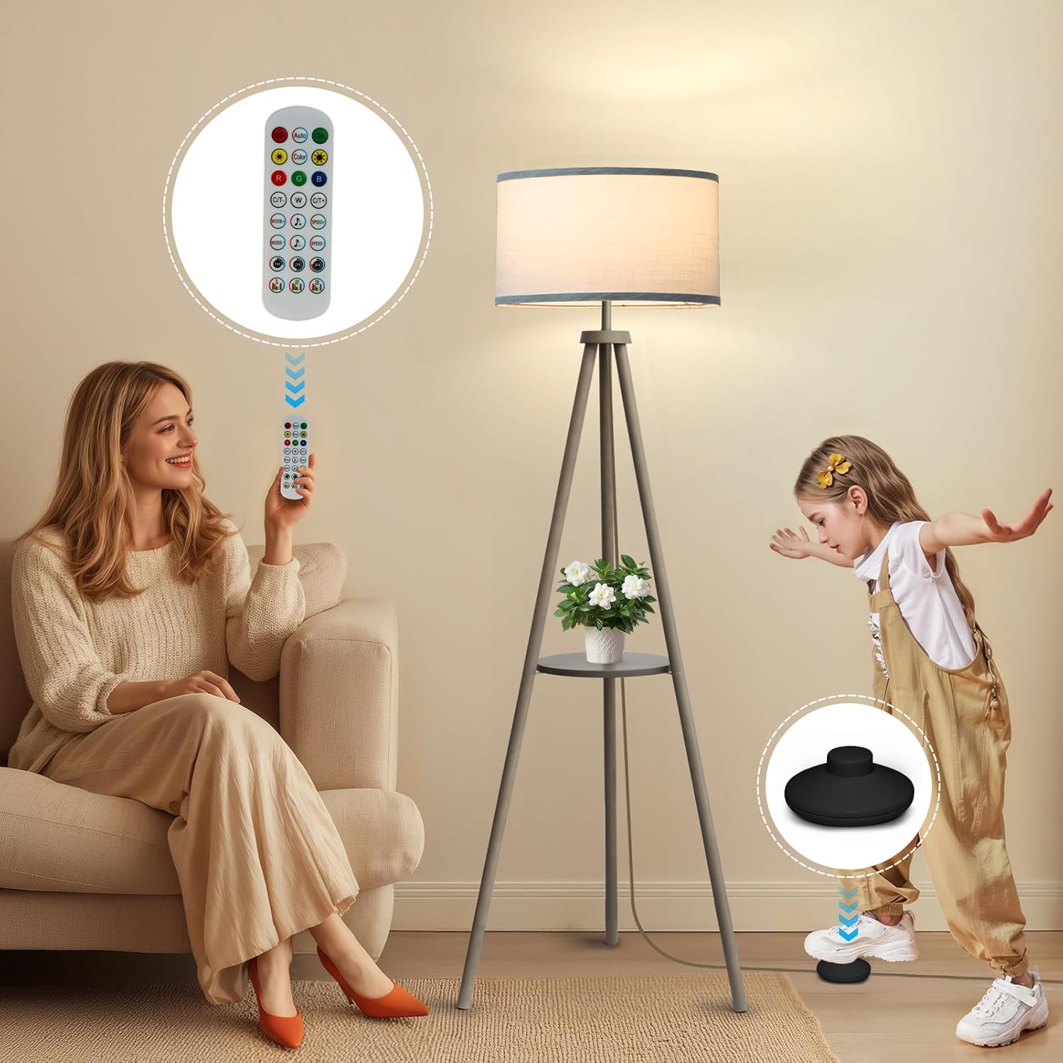 Floor Lamps for Living Room, Modern Standing Lamp with Shelf, 3 Color Temperature Led Bulb Tall Lamps with Foot Switch for Bedroom and Office, Grey