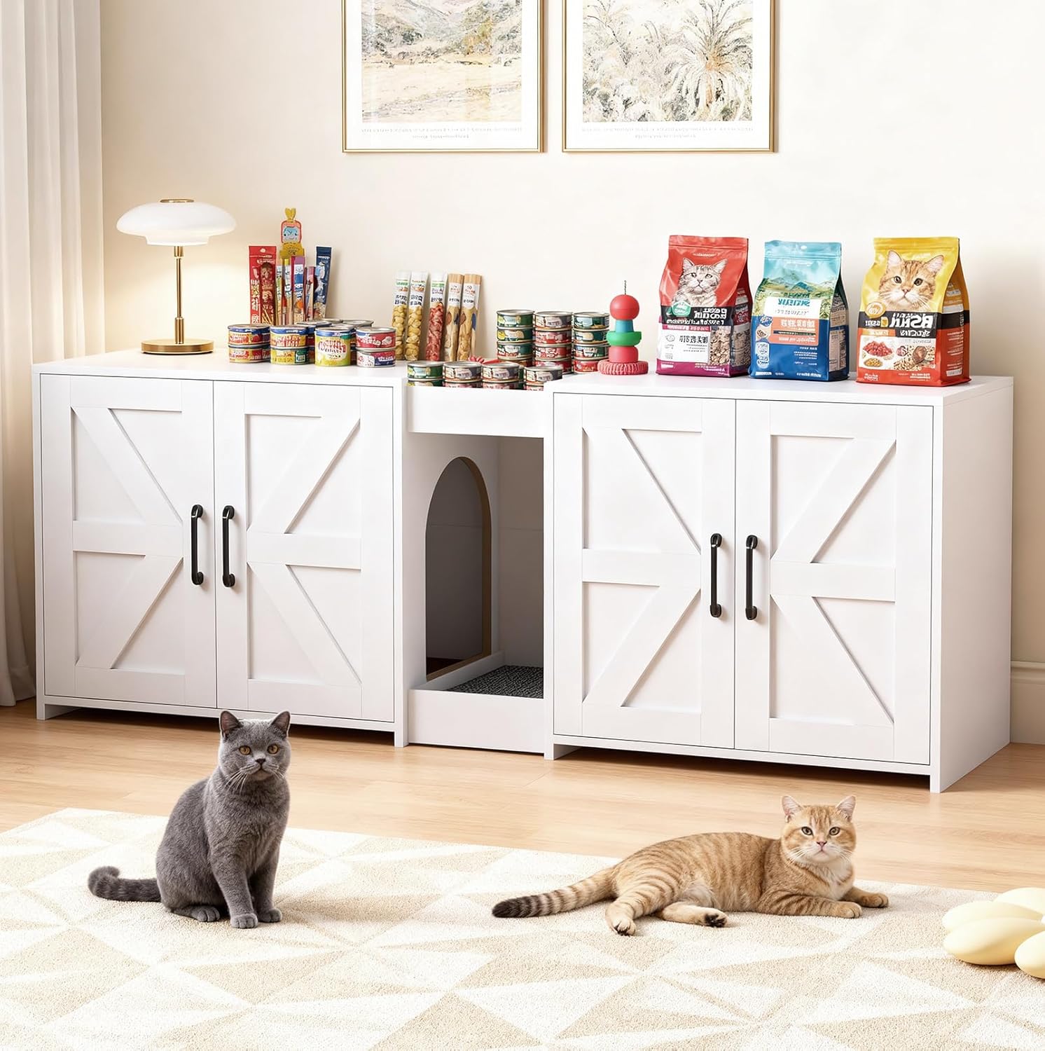 Cat Litter Box Enclosure Furniture - Hidden Litter Box Double Cabinet with Scratch Pad & Cats Bed | Farmhouse Style End Table for Cats | Discreet Cat Washroom for Living Room & Bedroom White