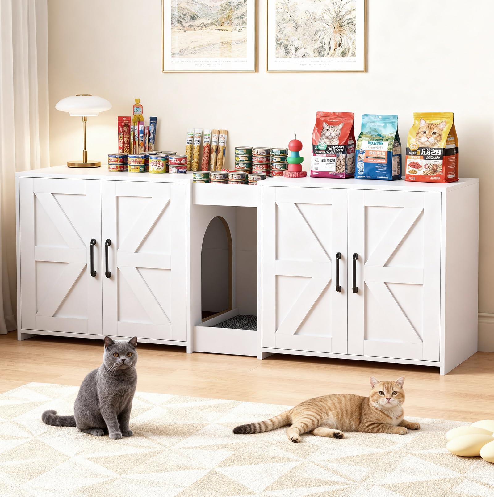 Cat Litter Box Enclosure Furniture - Hidden Litter Box Double Cabinet with Scratch Pad & Cats Bed | Farmhouse Style End Table for Cats | Discreet Cat Washroom for Living Room & Bedroom White