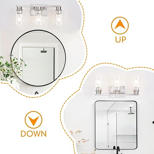 Miniatura 5 de Lámpara de tocador de baño de níquel cepillado, aplique de pared de 3 luces de 18 pulgadas con pantallas de vidrio transparente, iluminación moderna
