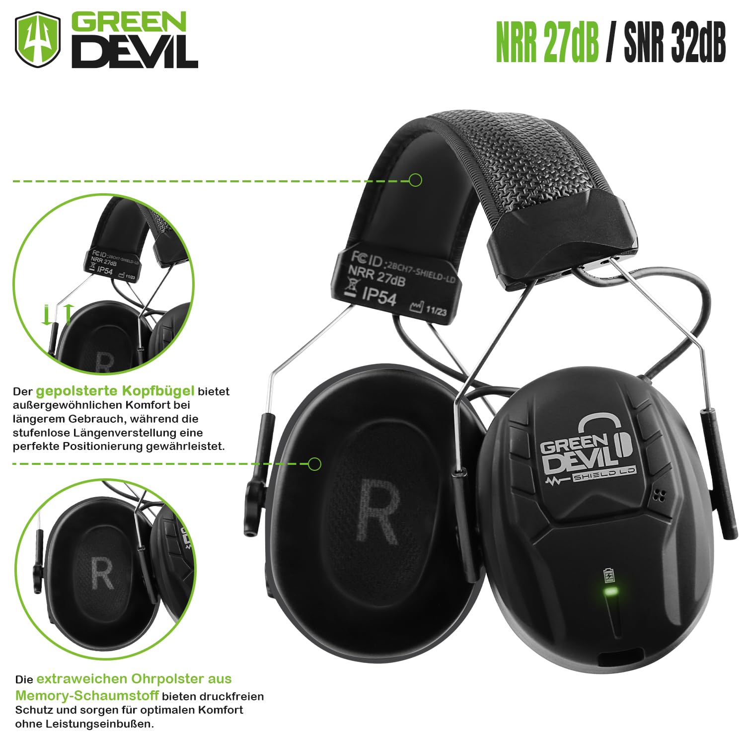 GREEN DEVIL Shield LD Aktiver Gehörschutz - elektronischer Gehörschützer mit Bluetooth 5.3 Technologie Integriertes Mikrofon EN352-konforme SNR 32dB für Mähen und Lärmintensive