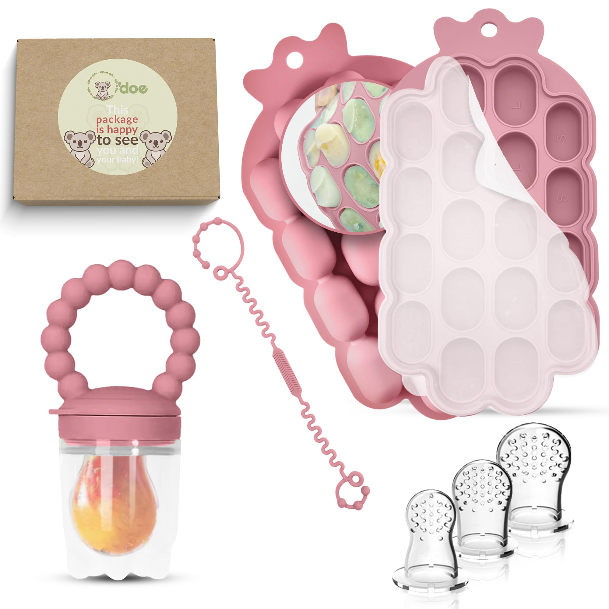 O’doe Silicone Fruit Feeder for Babies & Baby Food Feeder with Clip – 1-Pack Freezer Tray with Lid, 18-Hole Teething Dummy Fruit Feeder for Teething Relief, Includes 3 Extra Pacifiers, BPA-Free — image 1