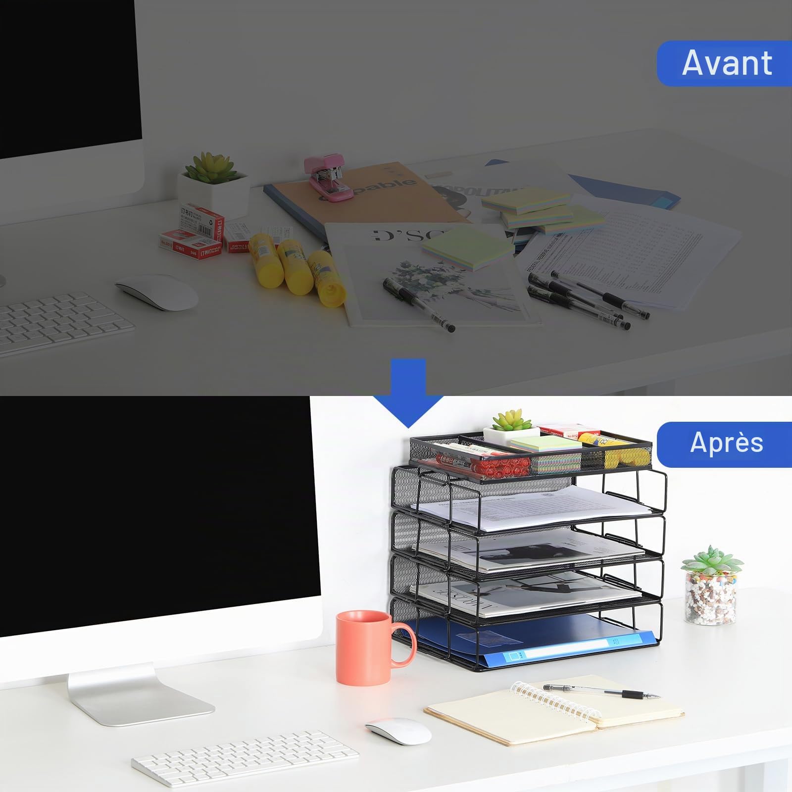 EasyPAG Lot de 5 Métal Paysage Empilable Corbeilles à Courrier A4 Banette de Rangement Bureau Porte Revue Organisateur de Magazine Bannette Papier Range Document,Noir