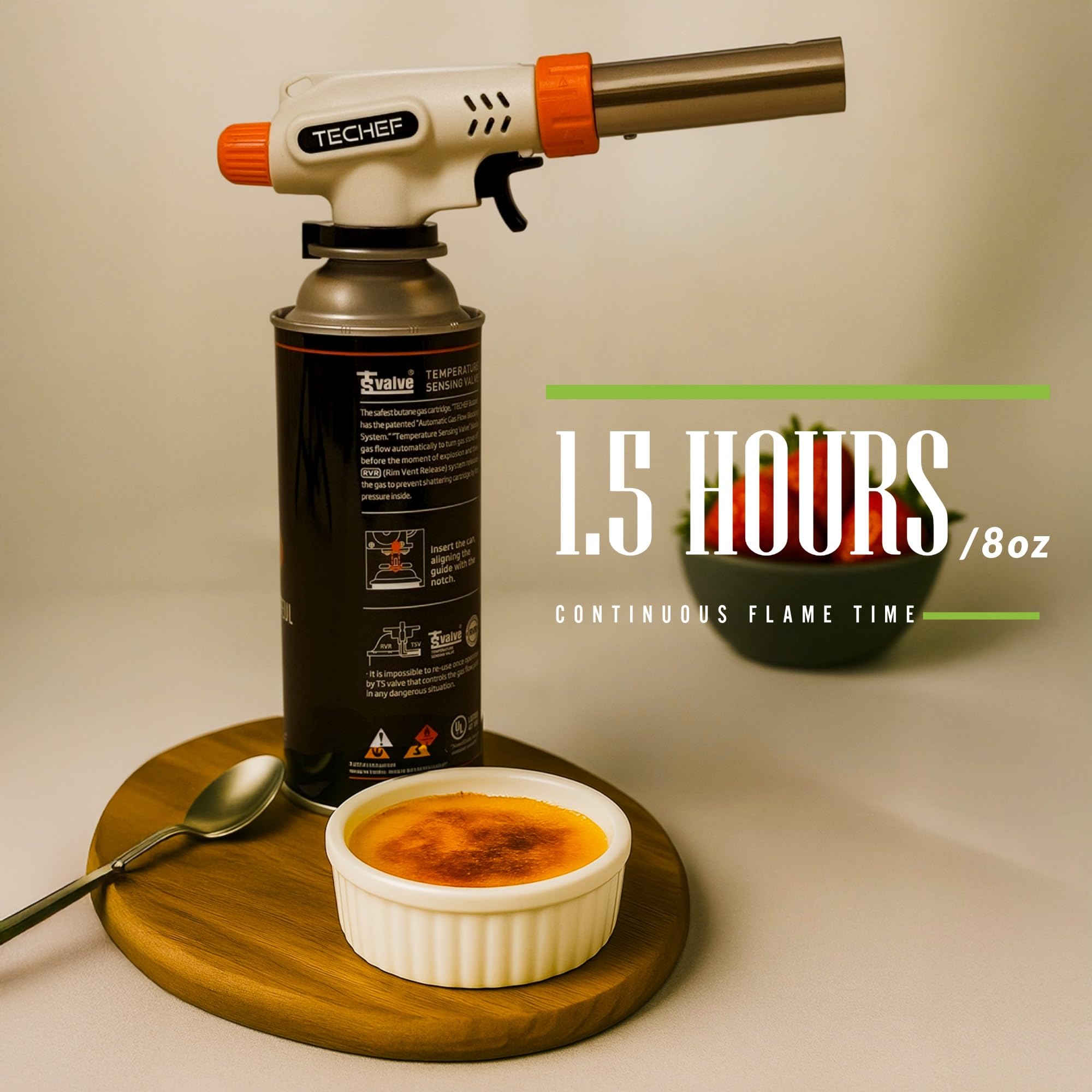 TECHEF Antorcha de butano – Antorcha de butano de cocina profesional culinaria | Fuerza ajustable en forma de llama -16.6 °C | filetes abrasadores, crema brulee, hornear | Anti-flare | Combustible