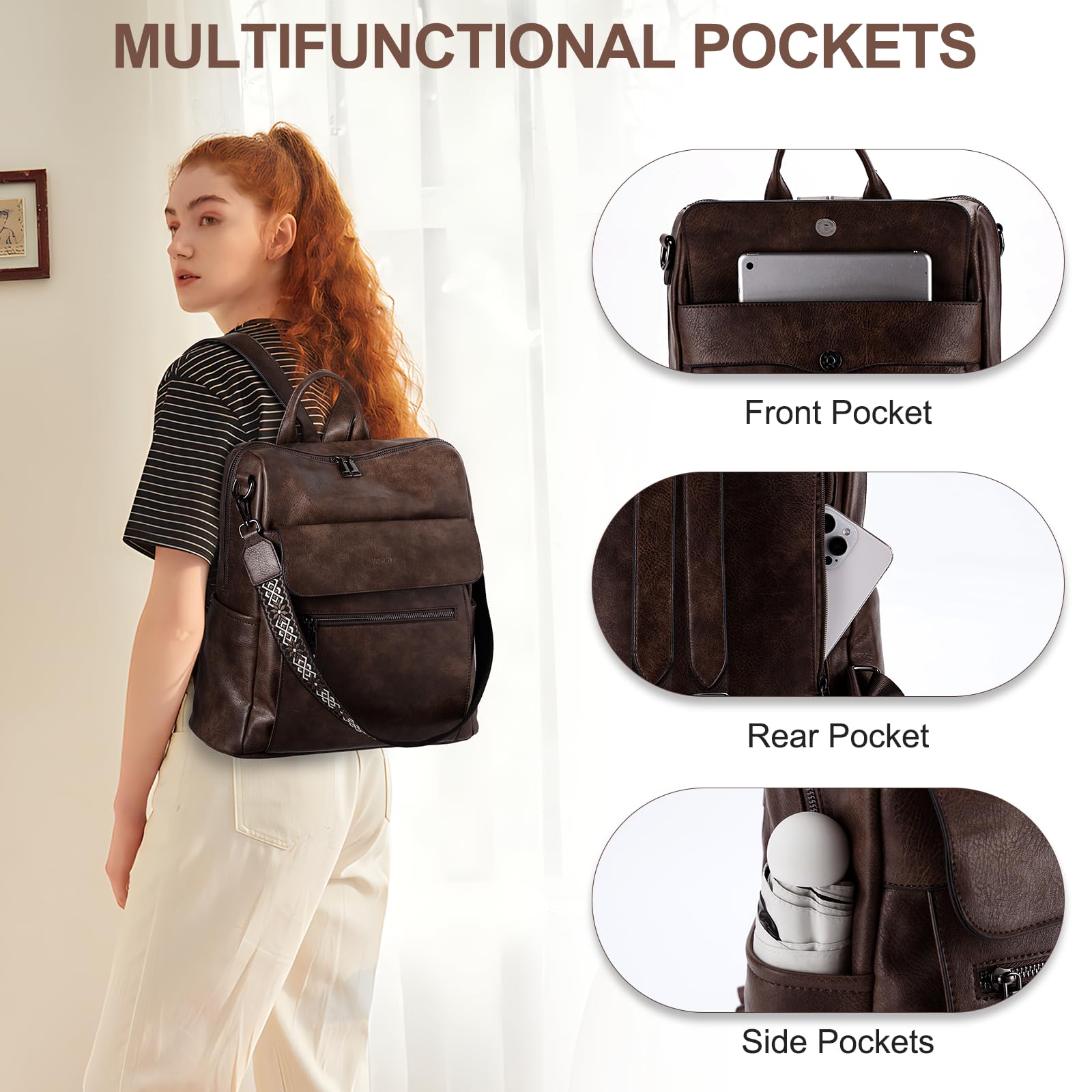 VASCHY Sac a Dos Femme, Grand Antivol 2 en 1 Sac à Main Porté Dos en Cuir PU Élégant Poches Multiples Set de Sac à Dos Fille avec Pochette pour Travail Voyage École Café