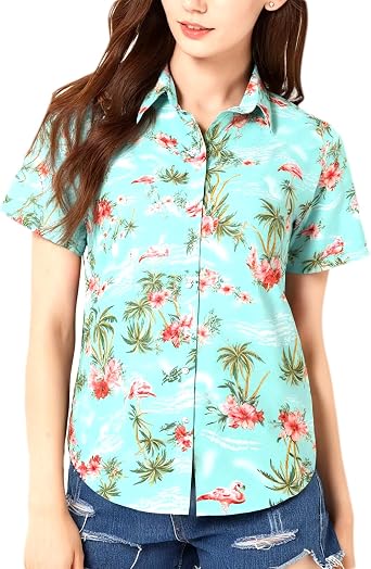 SSLR Hawaiian Shirts for Women Flamingo Shirt Tropical Shirts for Women Summer Casual Short Sleeve