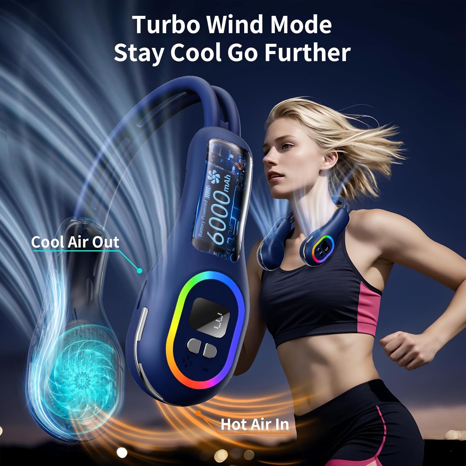 VEKK Ventilatore portatile da collo, regolazione della direzione del vento a 360°, ventola senza pale, 6000 mAh, alimentata a batteria, ventilatore personale indossabile, ventola di raffreddamento