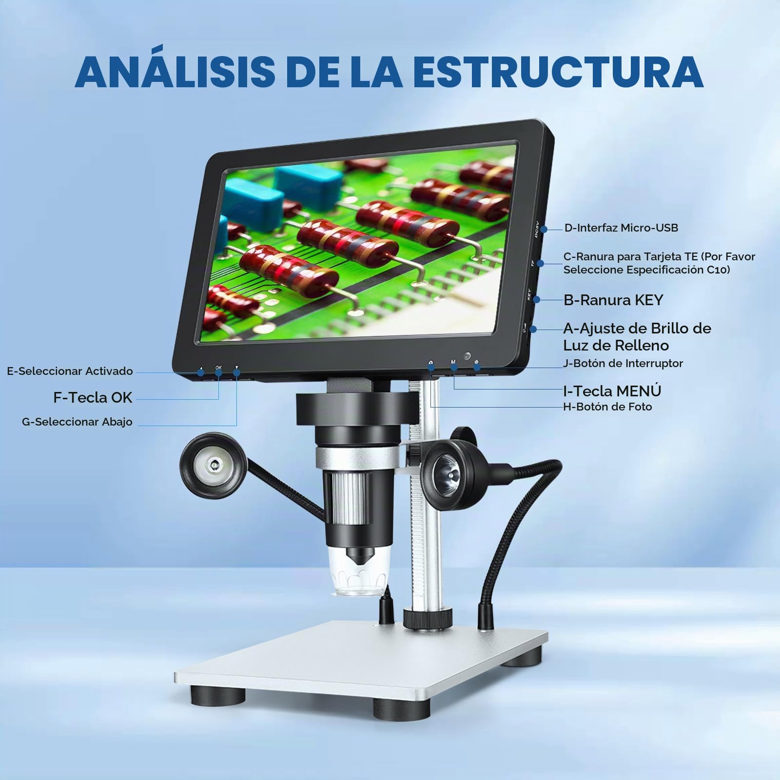 Microscopio Profesional Digital 7" 1200x 12MP Con Pantalla Giratoria HD, 8 Luces LED, 12 Idiomas, 10cm Distancia Trabajo, Controlador Electrónico Para Soldadura