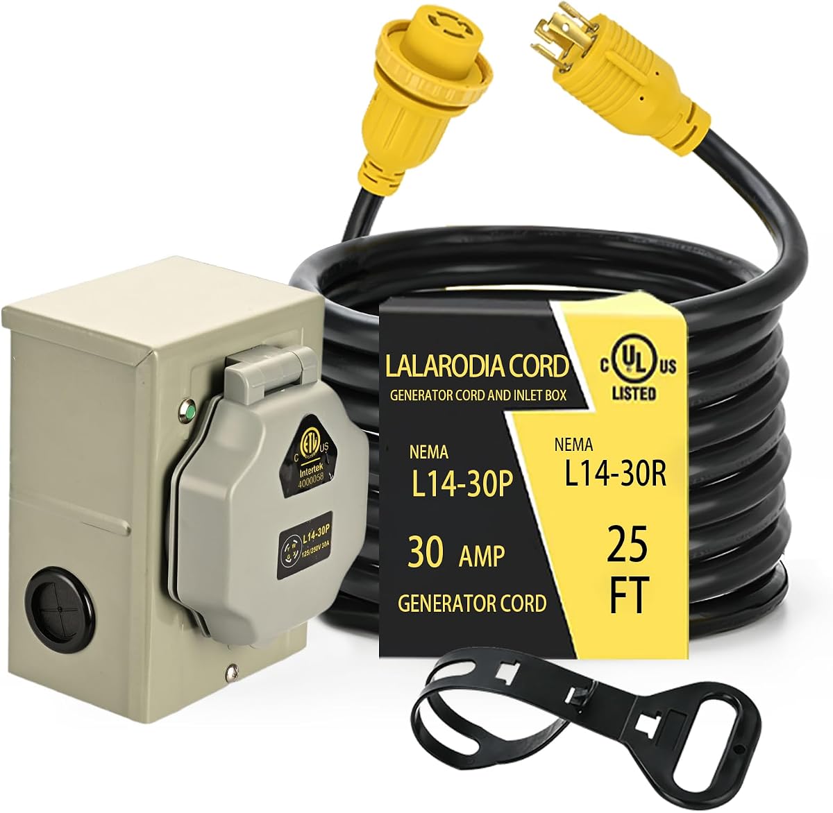 30 Amp 4 Prong 25 FT Generator Cable and Power Inlet Box (Pre-Drilled) Waterproof Kit, L14 30p Generator 10 Gauge Extension Cord to L14-30R Twist Lock Cord Plug for Outdoor Use,125/250V Up to 7500W