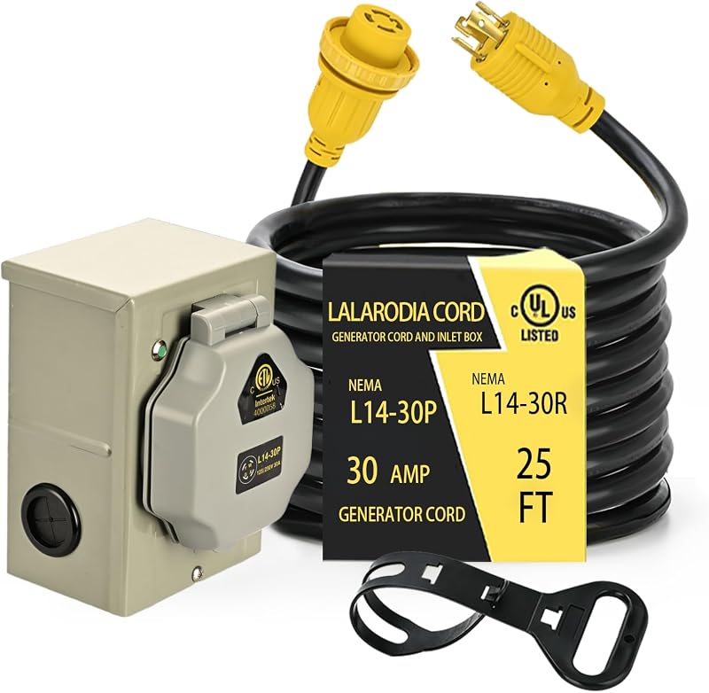 30 Amp 4 Prong 25 FT Generator Cable and Power Inlet Box (Pre-Drilled) Waterproof Kit, L14 30p Generator 10 Gauge Extension Cord to L14-30R Twist Lock Cord Plug for Outdoor Use,125/250V Up to 7500W