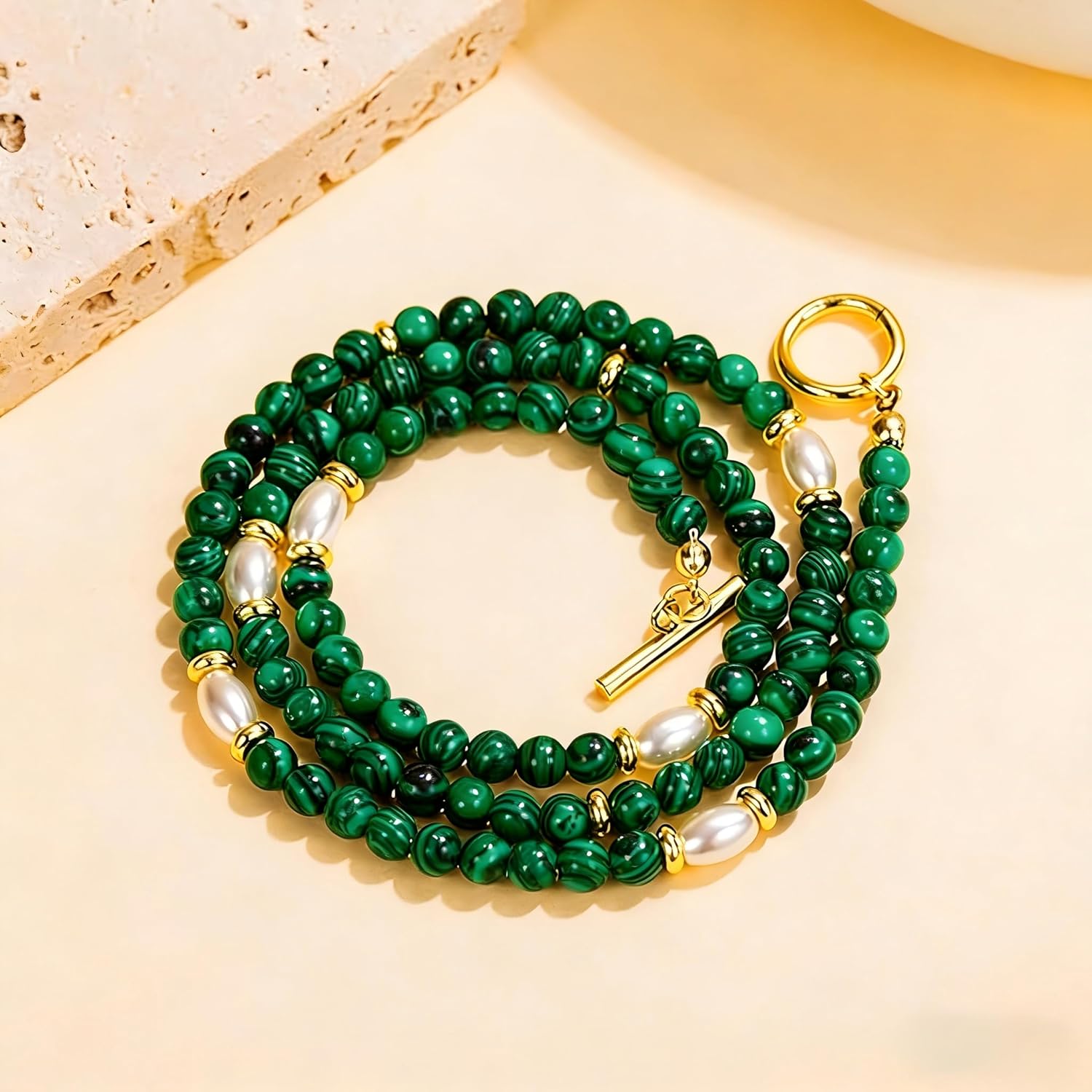 4mm Natural Green Malachite Beaded Choker Necklace for Women, 18K Gold Plated Beads & Pearls, Minimalist Boho Healing Crystal Jewelry, 16.5'' Gift Necklace - Image 3