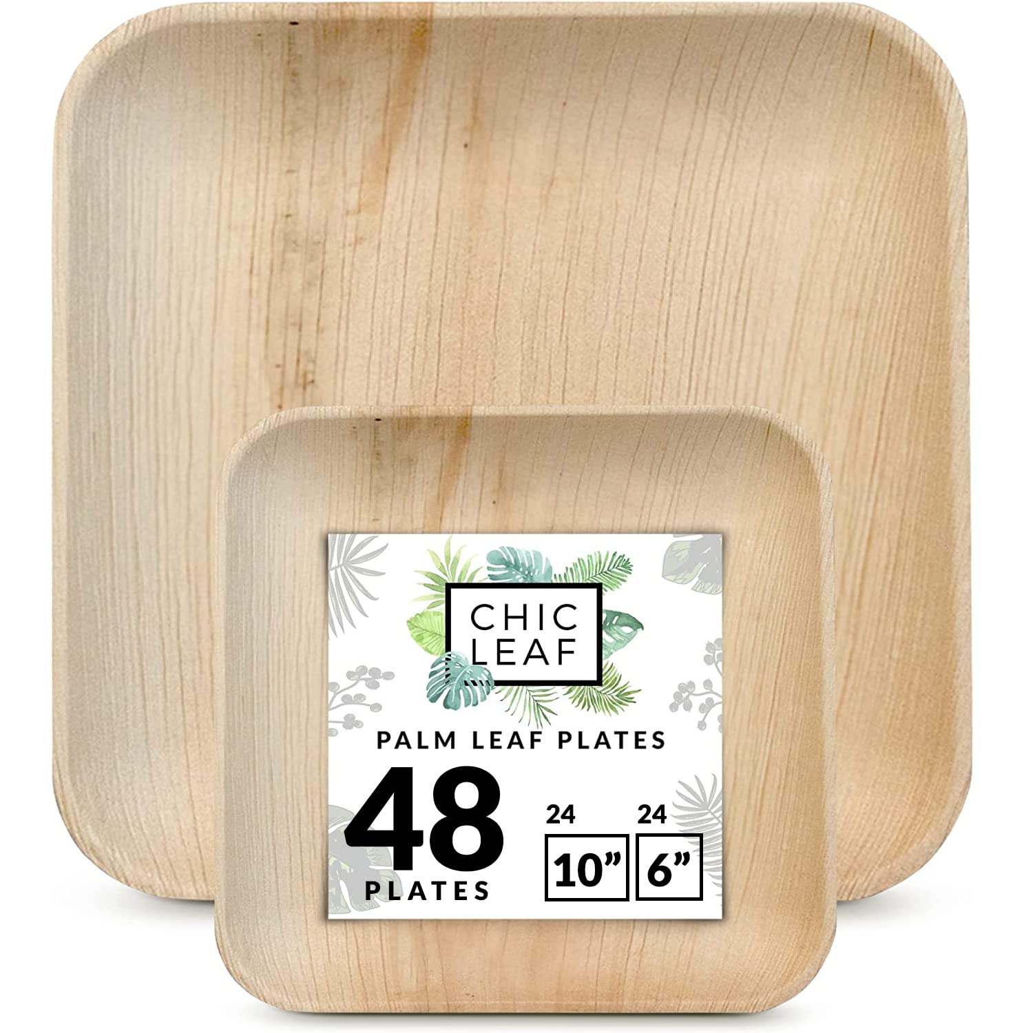 Chic LeafCompostable & Biodegradable Palm Leaf Disposable Bamboo Plates - Palm Leaf Tray - Disposable Party Plates for Appetizers - Cinco de Mayo Party Supplies (10" & 6" - 48 Pack)