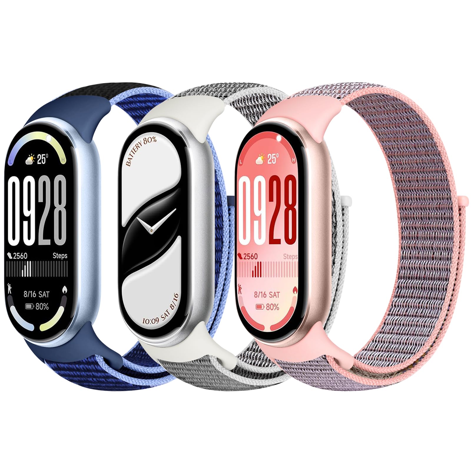 Bcuckood Nylon Sport Band Compatible with Xiaomi Smart Band 10/9/8 for Women Men, Soft Adjustable Breathable Sport Loop Watch Strap Replacement Wristband for Xiaomi Mi Band 10/9/8, 3pcs