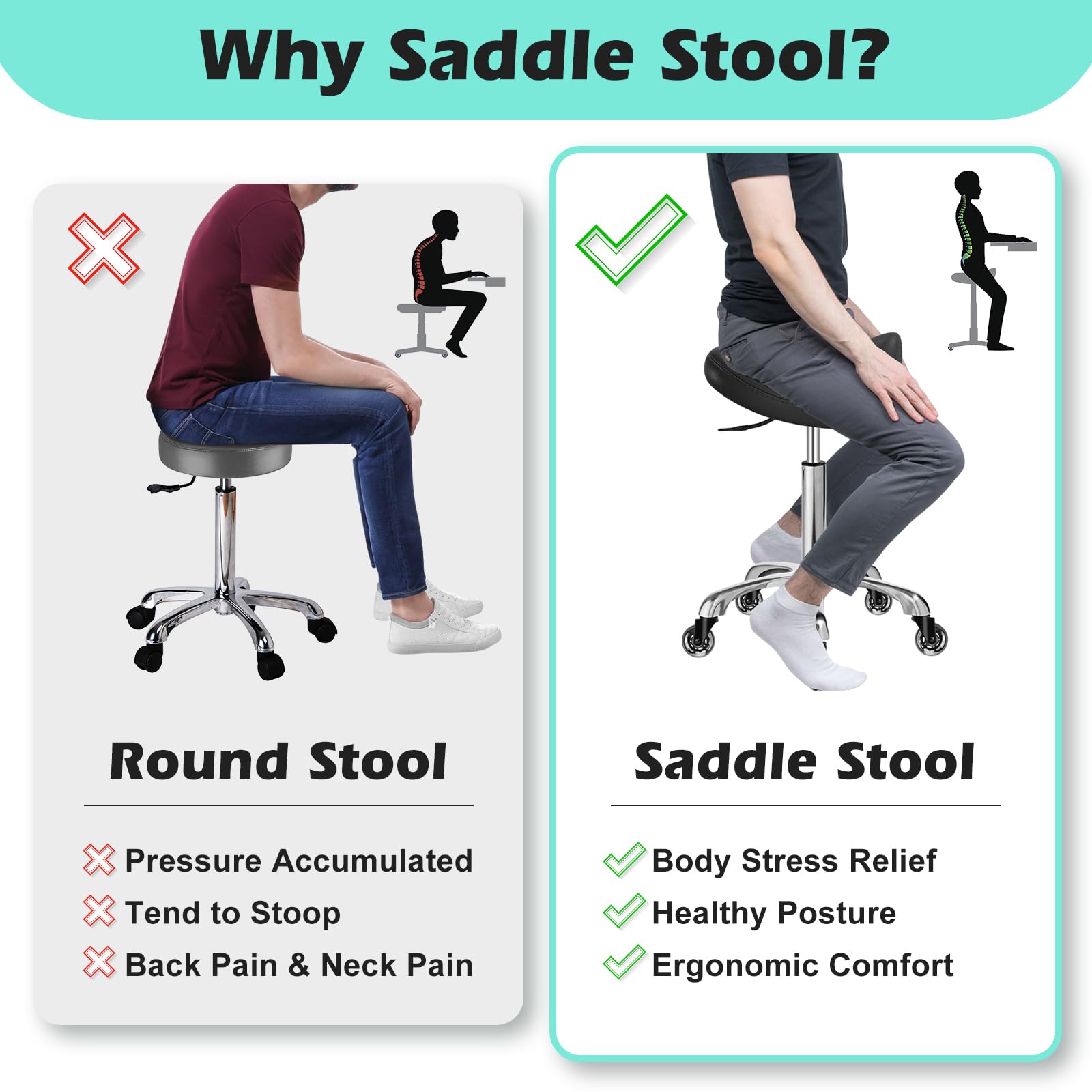 Taburete ergonómico con ruedas – Cojín de asiento de cuero más grueso mejorado, corrección de postura saludable, deslizamiento suave y sedoso, taburete ajustable con ruedas para masaje médico de salón 3