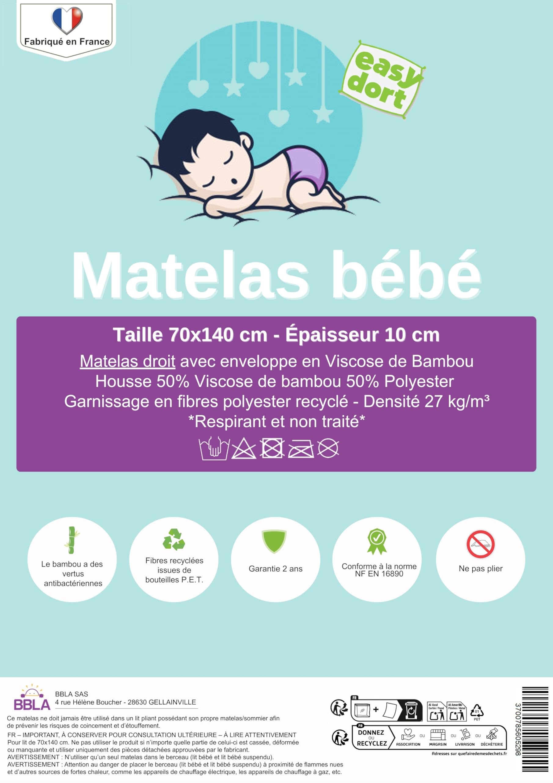 Easy Dort Materac 70 x 140 / 140 x 70 cm Łóżeczko dziecięce Bamboo + 2 prześcieradła z bawełny organicznej | Kompletny zestaw do łóżeczka dziecięcego | Certyfikat GOTS i Oeko-Tex | Wyprodukowano we