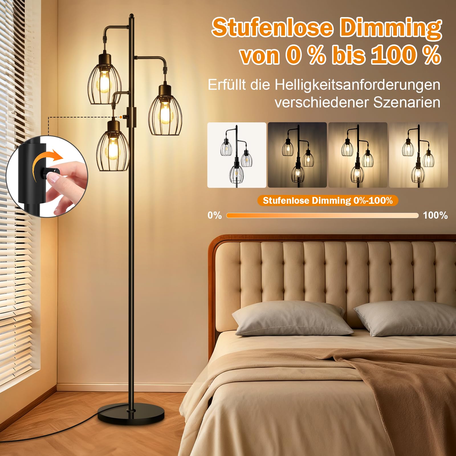 AmazeFan LED Stehlampe Dimmbar, 172cm Stehlampe Wohnzimmer mit 3 x 800LM LED-Glühbirnen, Käfig Lampenschirm aus Metall, Moderne Stehleuchte für Kinderzimmer, Büro, Wohnzimmer, Ecke Nachttischlampe
