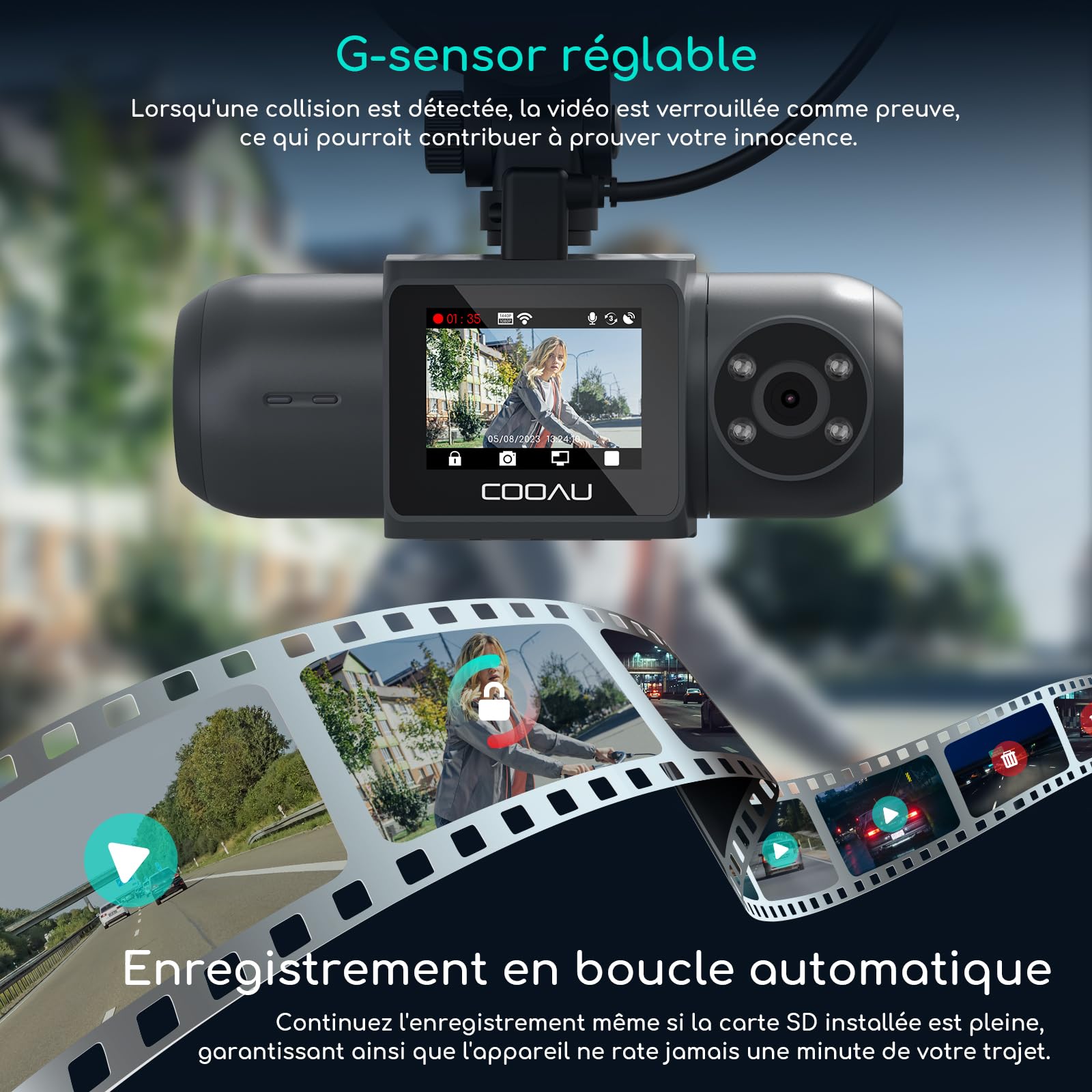 COOAU D30S 4K Dashcam Voiture avec GPS, Wi-FI, Dashcam Voiture Avant Intérieur 2,5K 1080P, Vision Nocturne Infrarouge, supercondensateur, accéléromètre, Mode stationnement, Enregistrement en Boucle