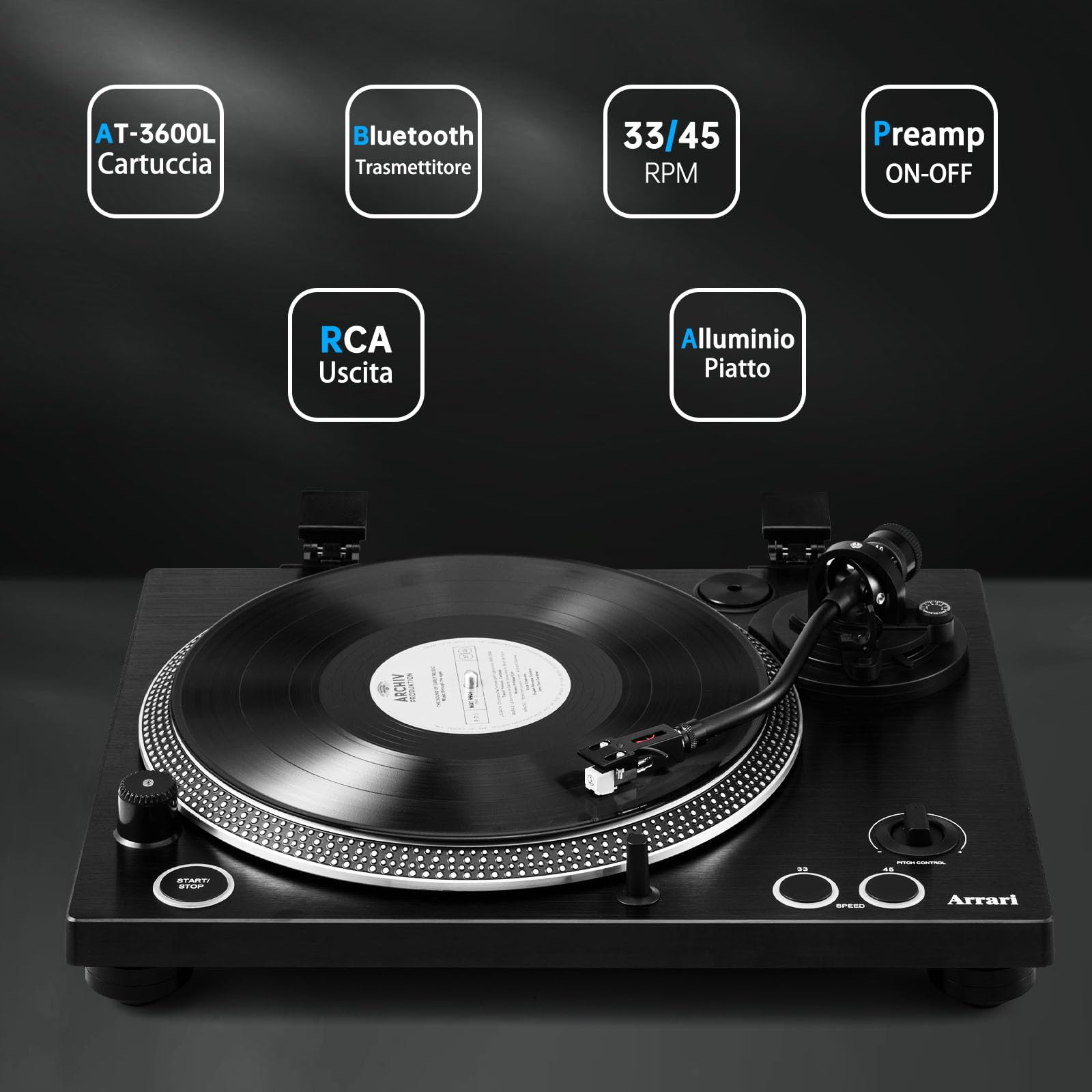 PR-101 Giradischi a Cinghia 2 Velocità 33/45 RPM, Cartuccia Magnetica Mobile AT-3600L, Connessione Wireless, Preamplificatore Phono Integrato