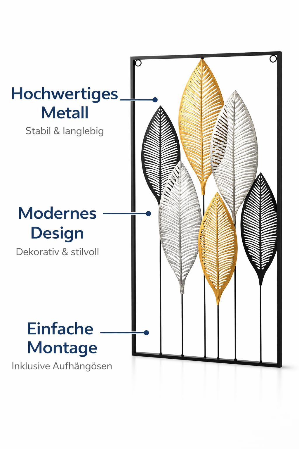 Generisch Wanddeko Metall Modern – Deko für Wohnzimmer, Schlafzimmer & Flur – Elegante Dekoration mit Blätter Design – Hochwertige Wanddekoration – Stilvolle Wandkunst (64,7 x 37,3 cm)