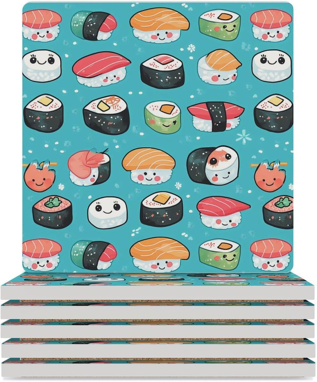 Cute Sushi Pattern Funny Ceramic Coasters for Drink Absorbent Cup Holders Tabletop Protection