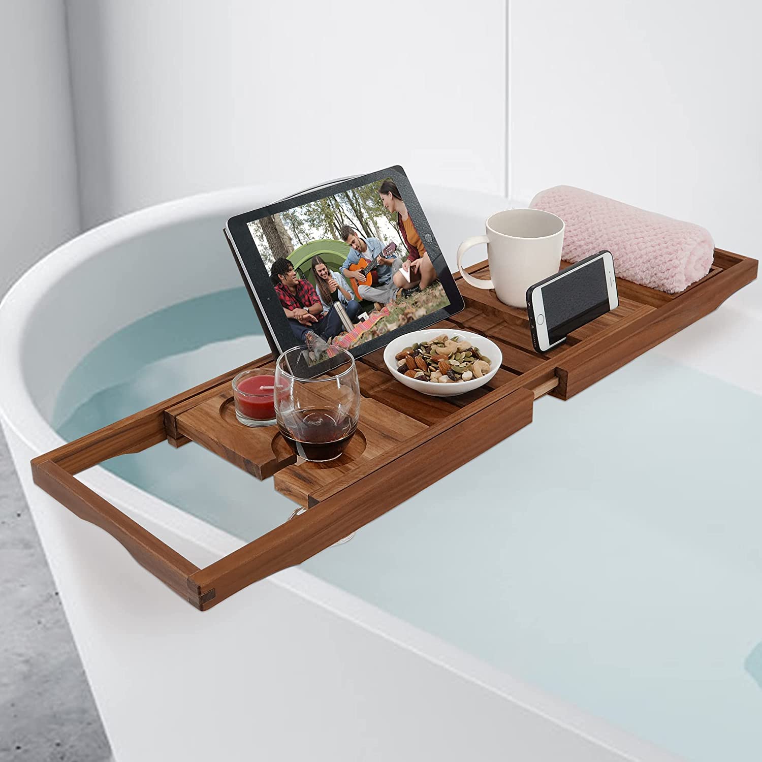 Wood Bathtub Tray, Expandable Wooden Bath Tray for Tub with Wine and Book Holder, Solid Bathroom Caddy