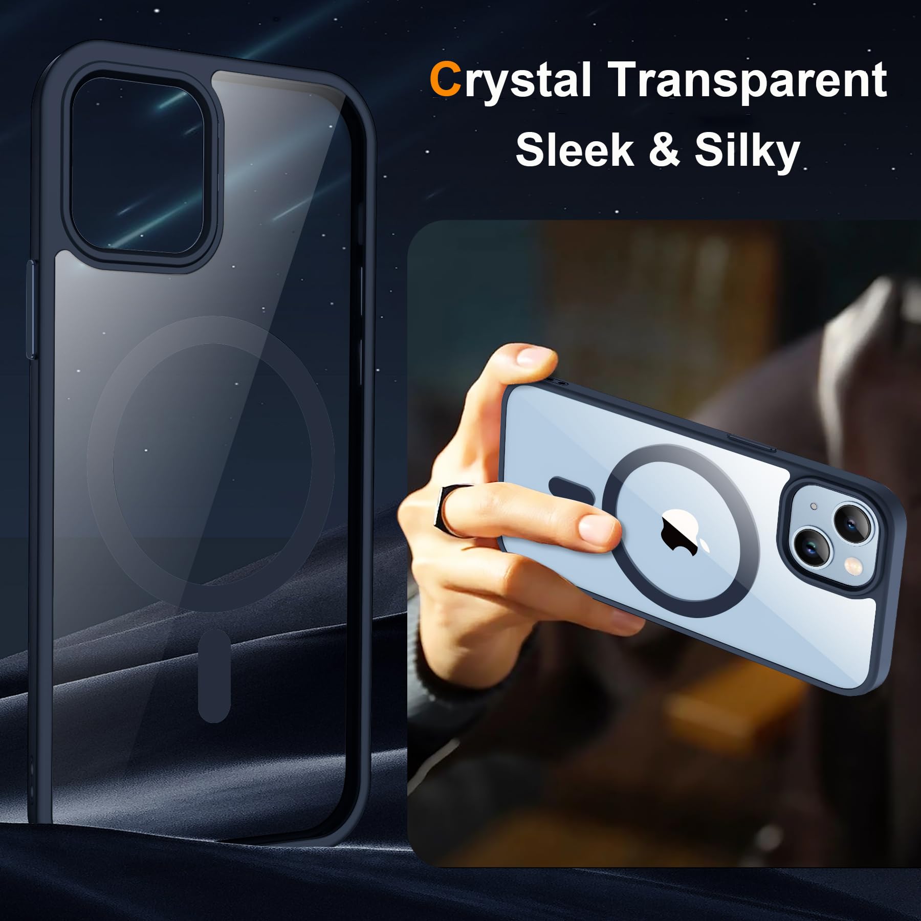 ORETECH Magnetica Cover per iPhone 14,Custodia iPhone 13 con 2X Vetro Temperato per Cellulare Protettiva Antiurto Protezione Militare Custodia per iPhone 14/13-Blu Navy