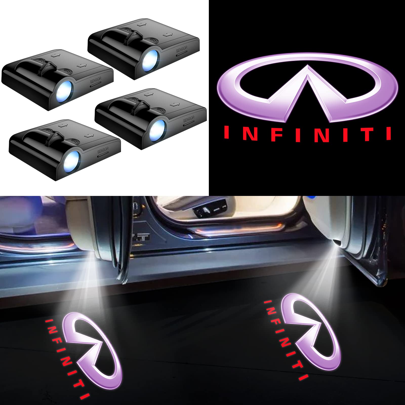 Wireless Car Door Projector Lights Logo for Infiniti, Courtesy Welcome Puddle Lights, Pack of 4