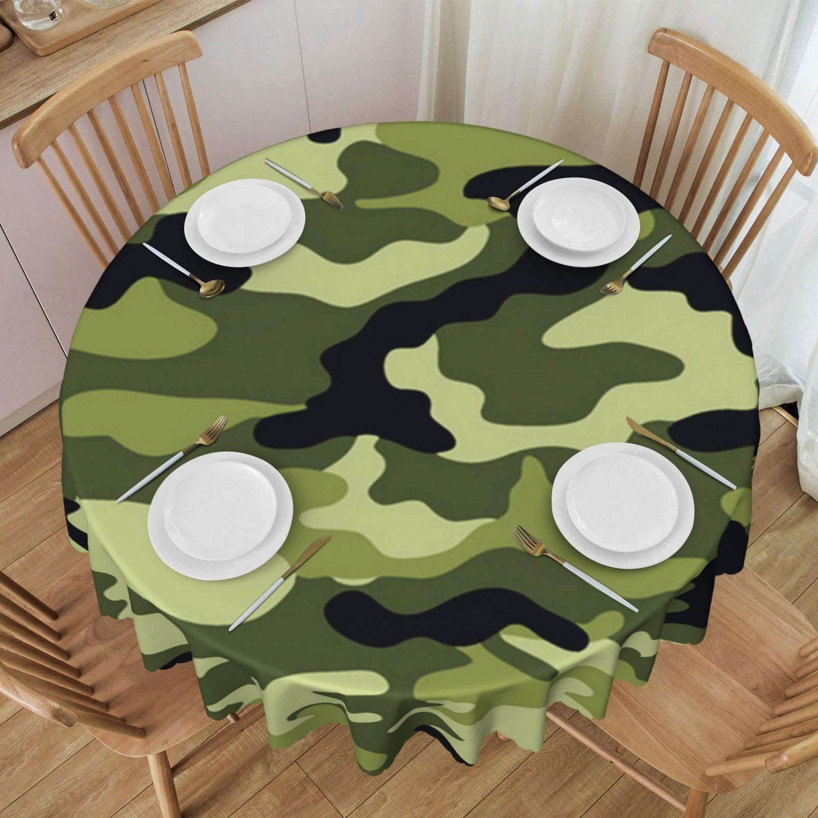 DCEHGEW 60 In Round Tablecloth with Lace, Camouflage Green Printed Oilproof & Washable Fabric Picnic Table Cloth Table Covers