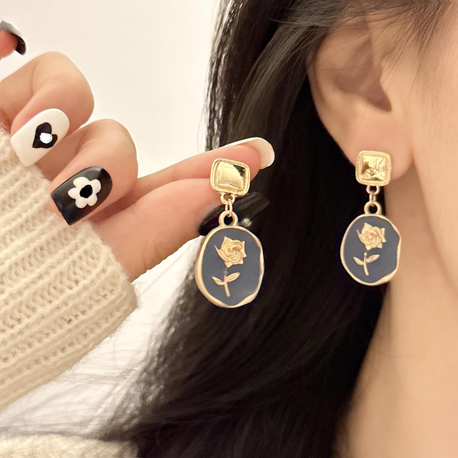 Vintage Gold Rose Flower Earrings for Women Blue Oil Painting Style Floral Earring - Image 3