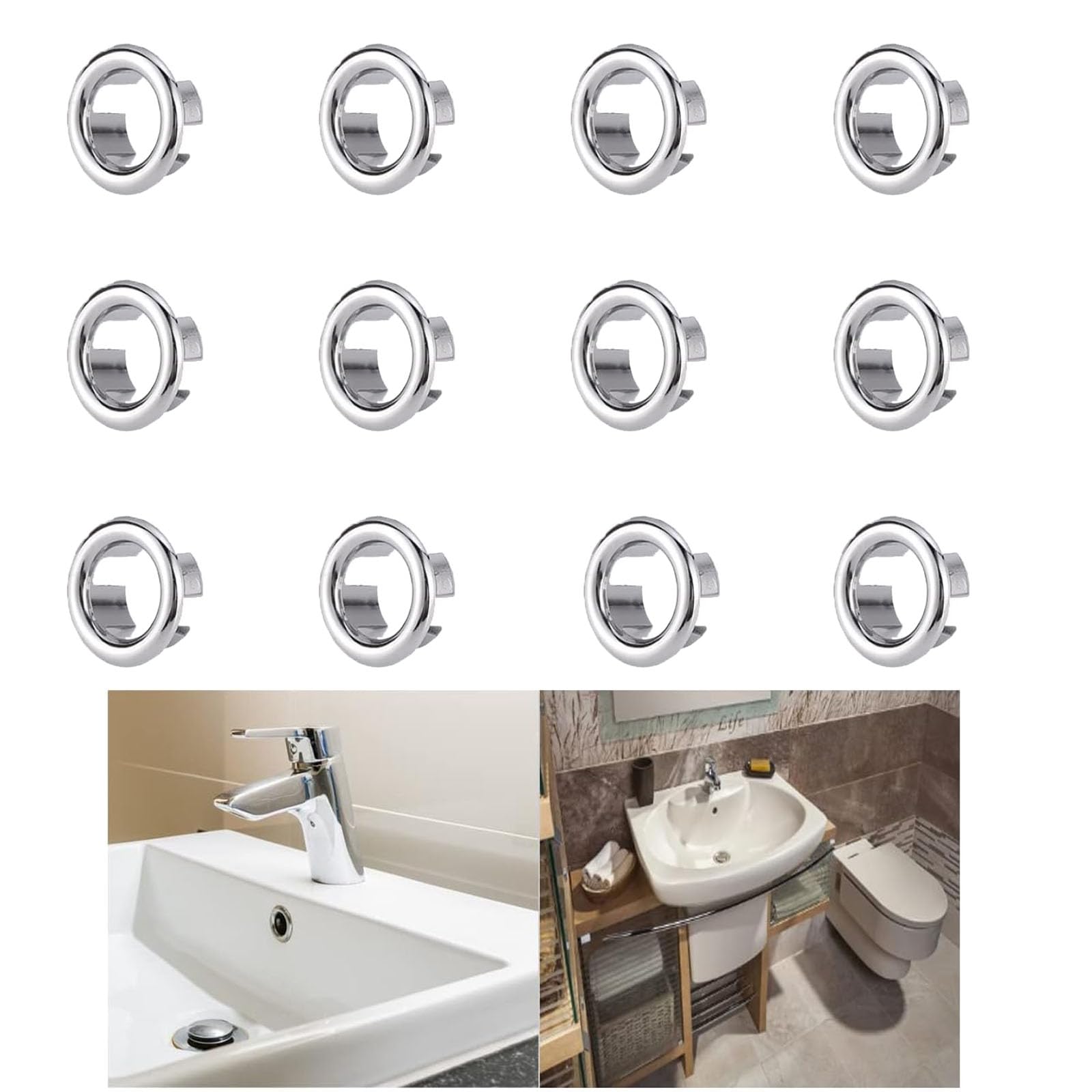 Sink Overflow Ring, 12 PCS Sink Hole Replacement Overflow Hole, Round Basin Overflow Trim, Sink Hole Cap, Drain Cap Cover Insert in Hole, for Bathtub, Kitchen, Sink