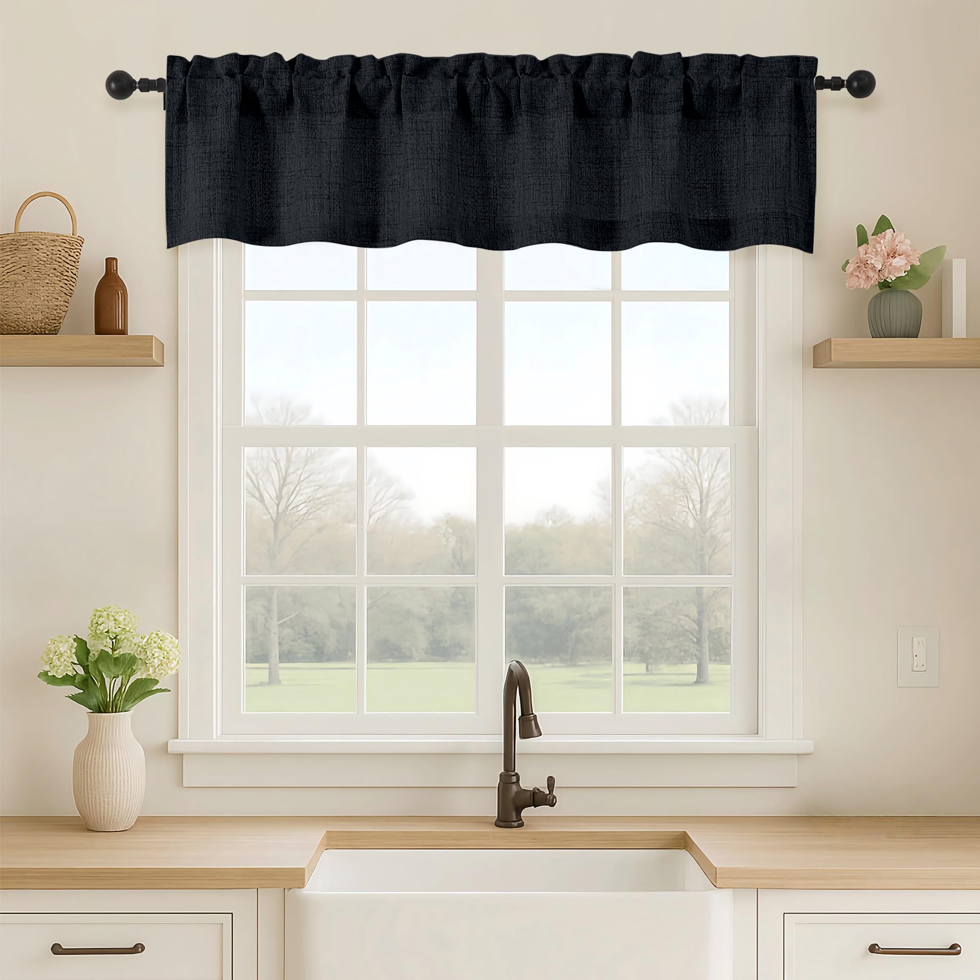 Photo 1 of 2 pack OVZME Black Valance for Windows, Light Filtering Faux Linen Textured Small Short Valance Kitchen Curtain, Dual Rod Pocket Top Short Window Curtain for Bathroom Basement Farmhouse, 1 Piece, 60Wx12L