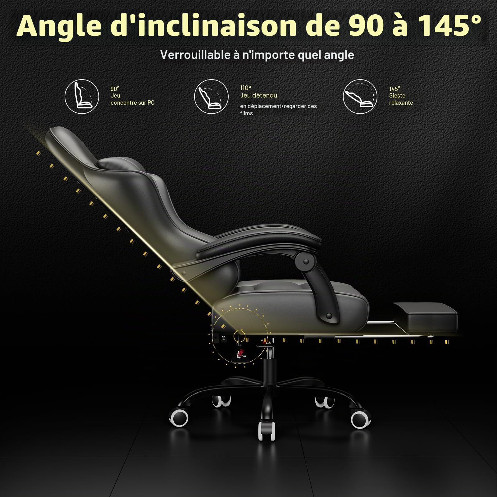 JUMMICO Chaise Gaming Ergonomique, Chaise de Bureau avec Fonction Massage, Fauteuil Gaming avec Repose-Pieds, 150 kg, Noir