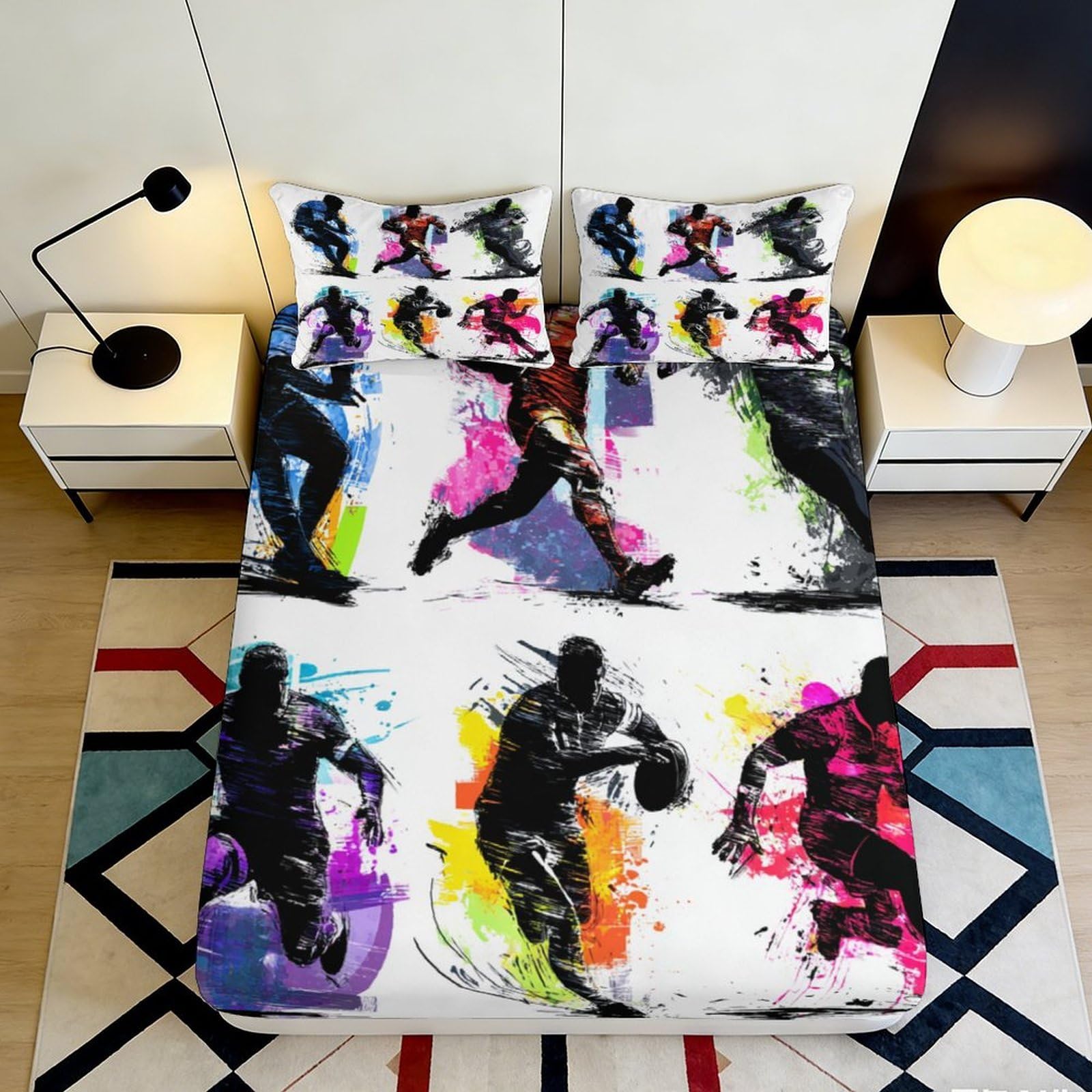 3D Printed Basketball Player Fitted Sheet Microfiber Colourful Graffiti Bed Cover for Bedroom Dorm Decor 90x200x25cm