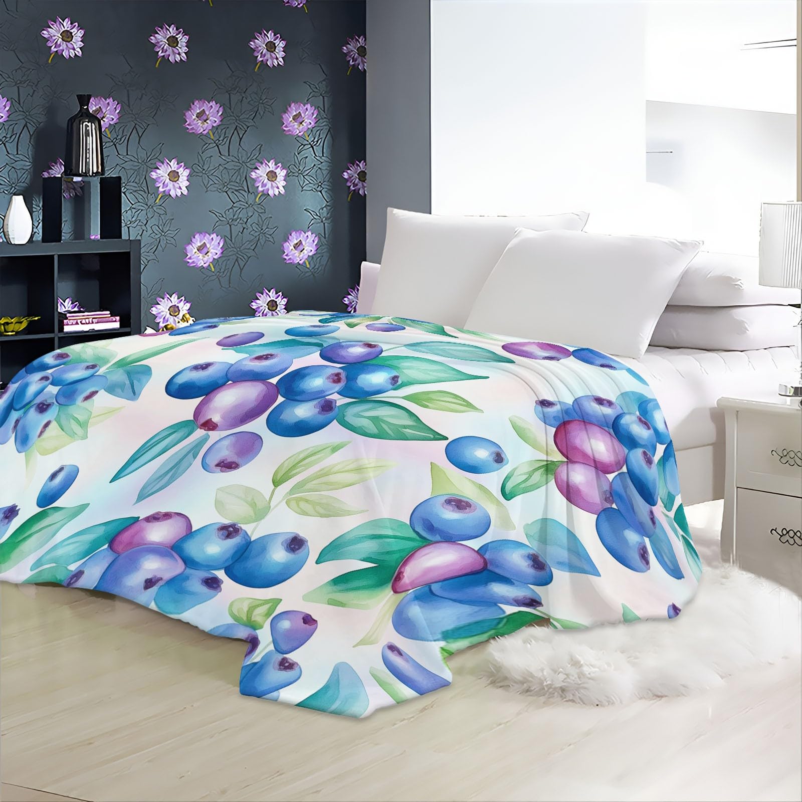 Manta Estampada 220 X 240 cálida Manta acogedora sofá Mantas Mantas de Arándanos y Hojas Coperta Microfibra Pelosa, per Letto Soggiorno Azul