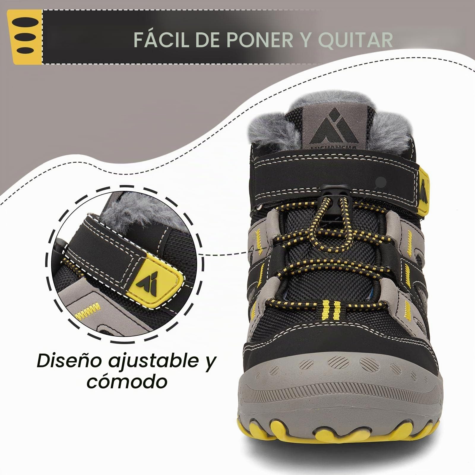 Mishansha Botas de Nieve Niño Botas Antideslizantes, Negroamarillento 28 | Forro cálido, cierre de autollenado, puntera reforzada, suela con dibujo, colegio, paseos, nieve