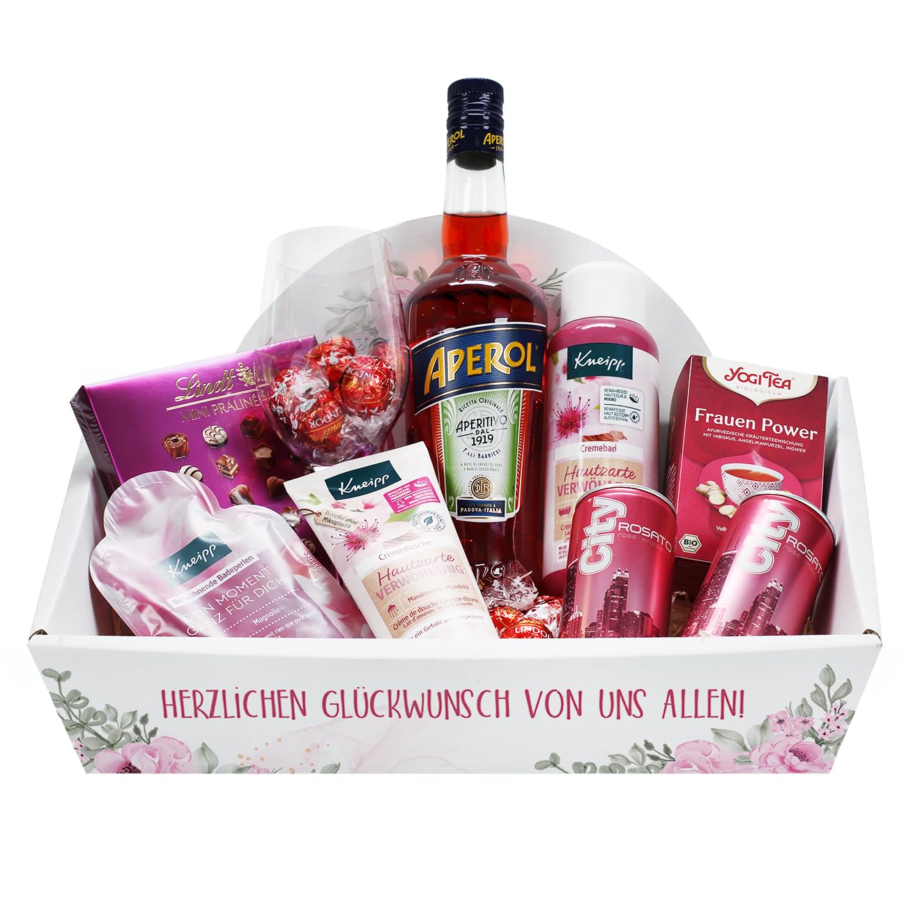 Herz & Heim® Präsentkorb für Frauen mit Süßem, 0,7l Aperol, Glas, Secco und Verwöhnprodukten (Weinglas ohne Gravur)