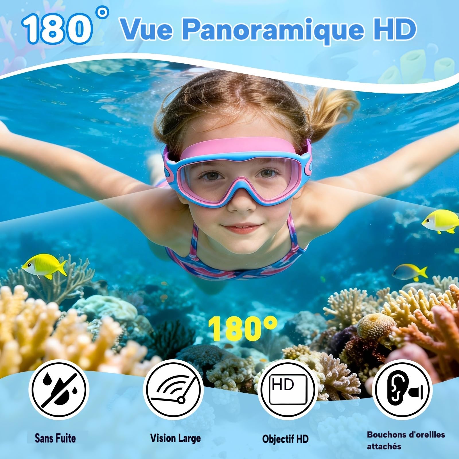 Lot de 2 Lunettes de Natation Enfants - Cadeau Garçons et Filles 3-15 Ans | Grand Champ de Vision HD 180°, Anti-Buée & Protection UV, Silicone Doux Réglable, avec Bouchons d’Oreilles & Pinces-Nez