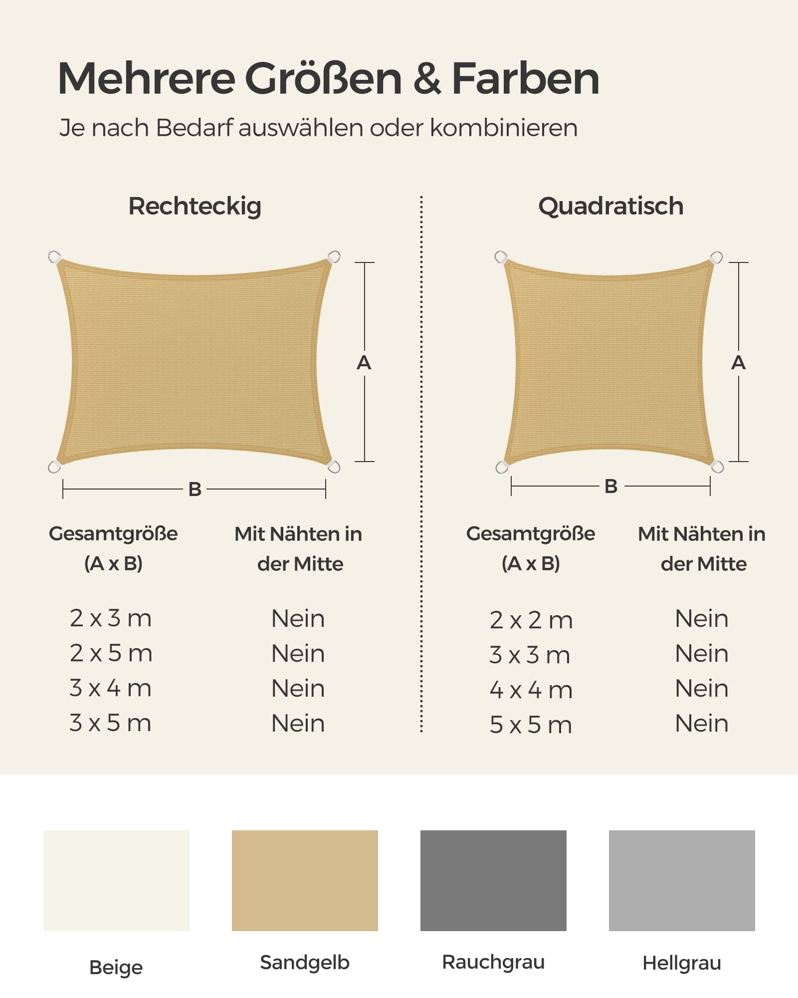 SONGMICS Sonnensegel 3 x 4 m, Sonnenschutz aus HDPE-Gewebe, luftdurchlässig, wasserdurchlässig, für Terrasse, Garten, Balkon, Camping, rechteckig, konkav, 2 m Seile, sandgelb GSS34EYV1