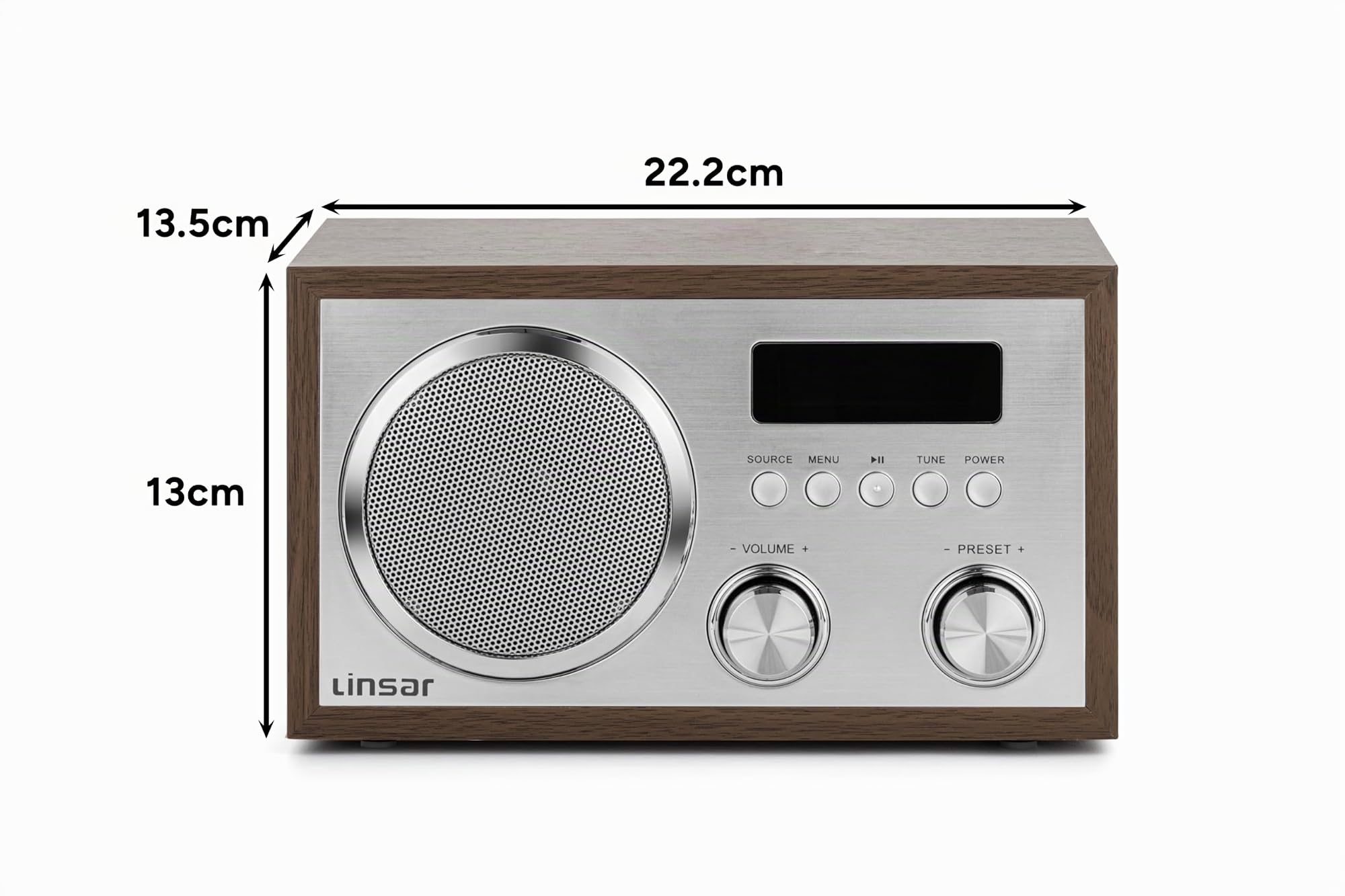 Linsar Radio nostalgique en bois - Tuning numérique FM/DAB - Connexion BT sans fil - Haut-parleur mono intégré - AUX-IN - Fonction casque - Écran LCD (marron)