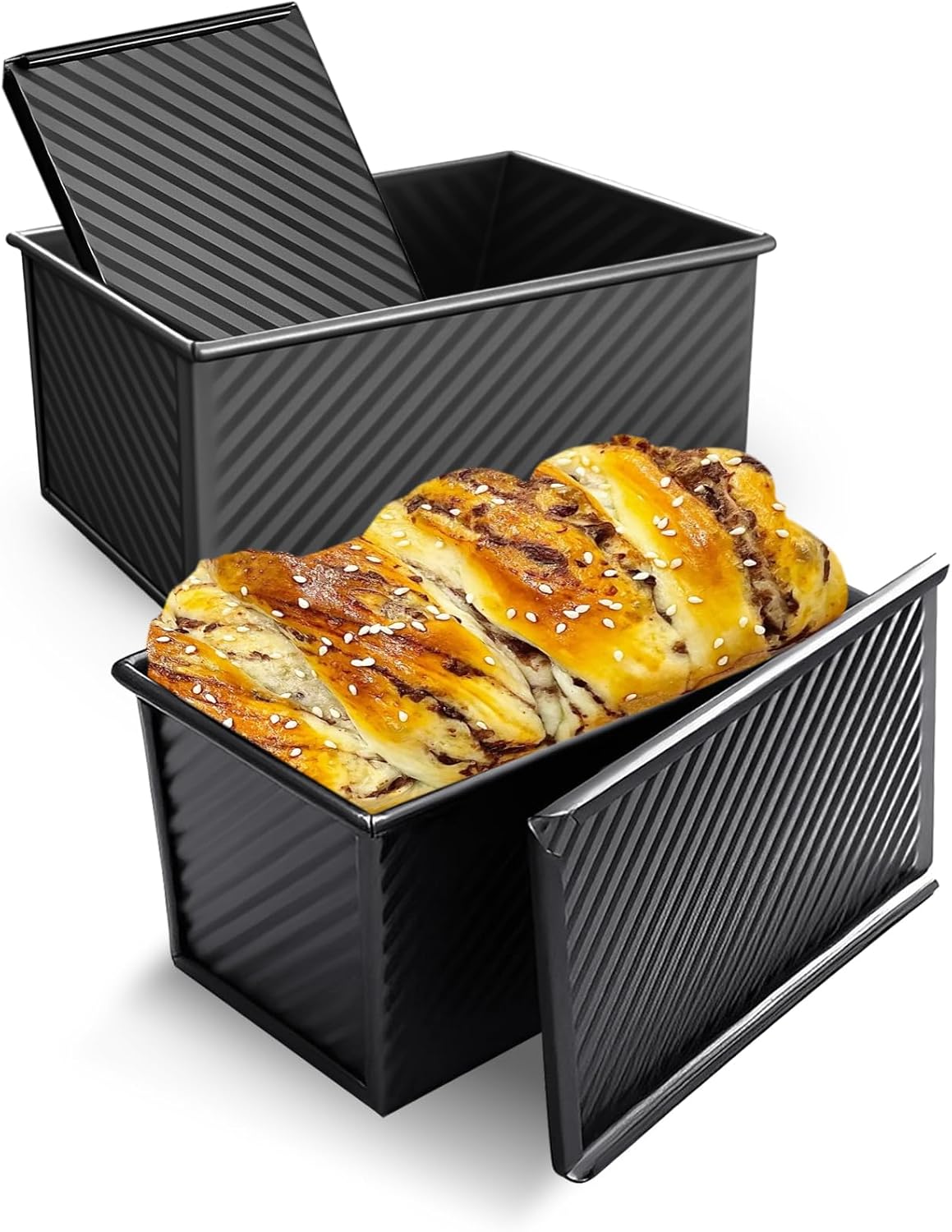 2 Pack Pullman Loaf Pan with Lid, 1 lb Dough Capacity Non-Stick Bakeware for Baking Bread, Carbon Steel Bread Toast Box with Cover, Homemade Sandwich Toast, Black
