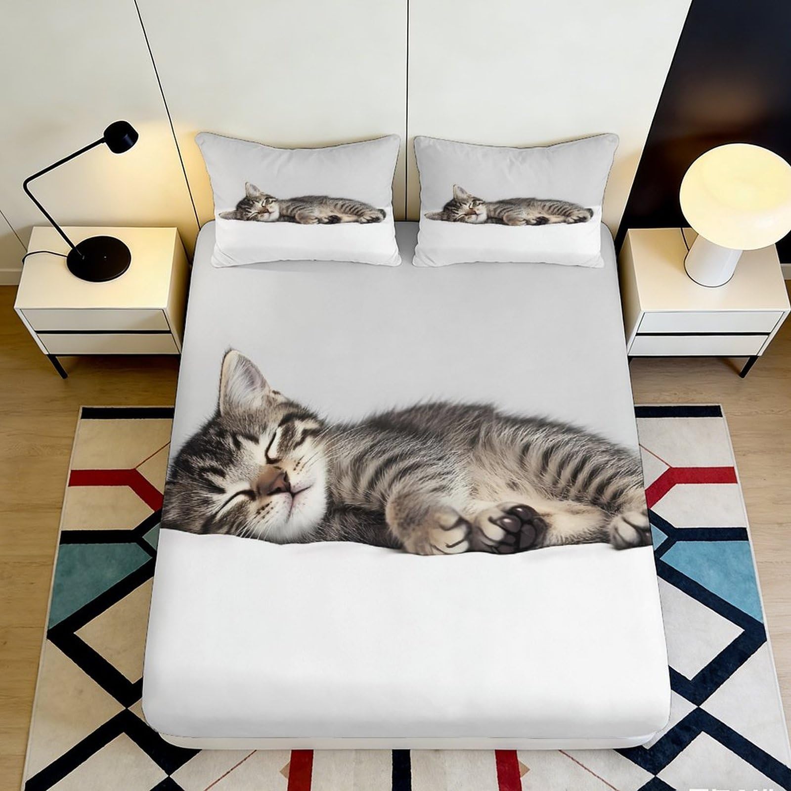 3D Printed Sleeping Kitten Fitted Sheet Microfiber Soft Anti-slip Cat Nap Mattress Cover for Bedroom Dorm Decor 160x200x25cm