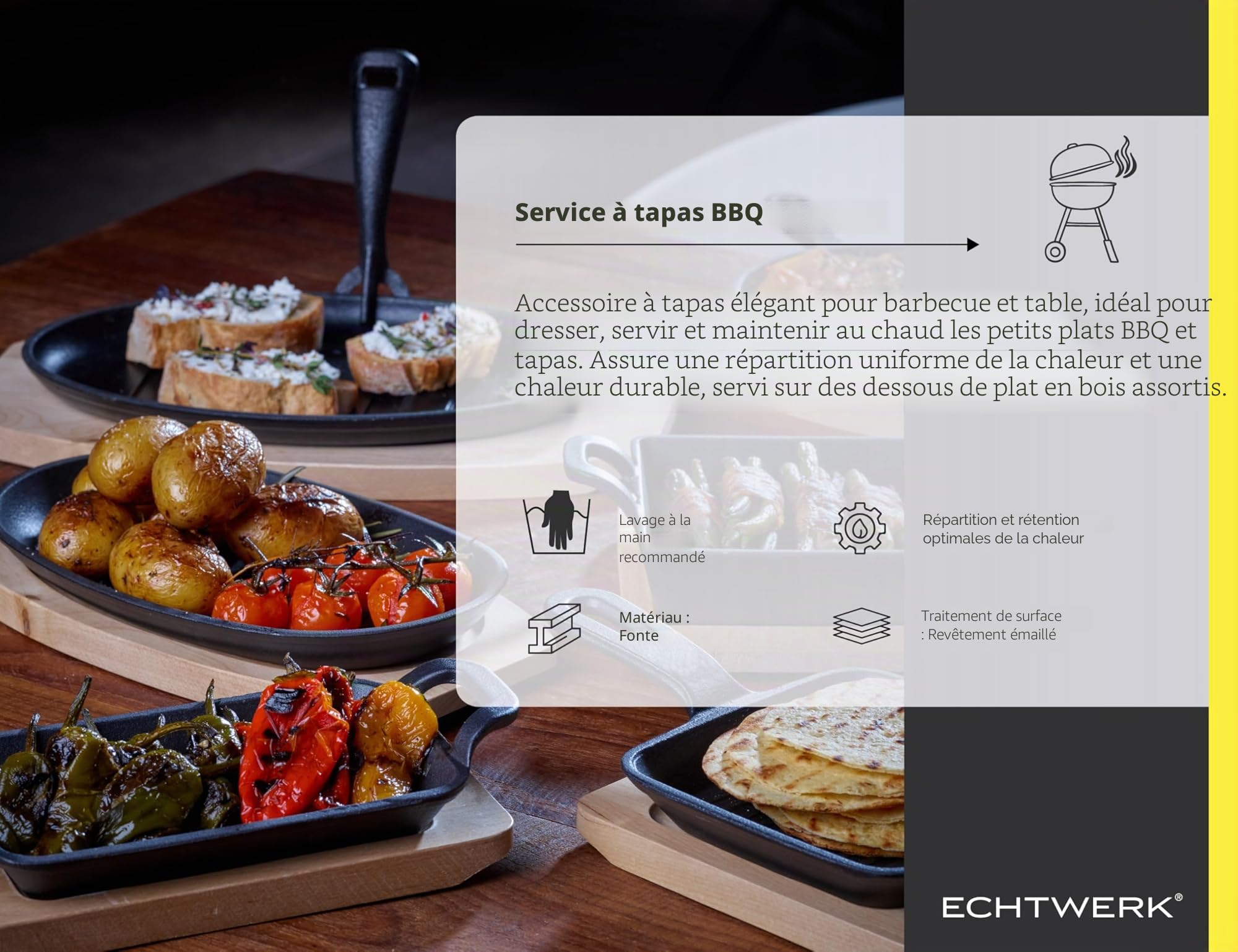 ECHTWERK Bol en fonte, poêles de service, plat de service carré avec planche de service, petite poêle à frire pour barbecue, déjà cuite, allant au four et au barbecue, idéale pour le service, 4 pcs.