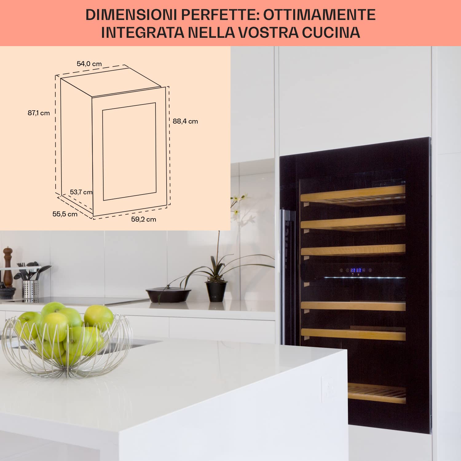 KLARSTEIN Cantinetta Vino Design da Incasso, Refrigerata a Zona Doppia per Vino Rosso, Bianco e Birra, Controlli Touch, Frigo per Esterno/Interno, 132L, 35 Bottiglie