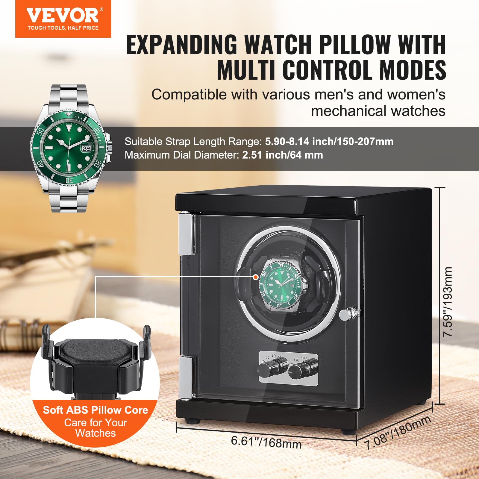 VEVOR Uhrenbeweger, Automatik-Uhrenbeweger, Watch Winder, Uhrenbeweger für Automatikuhren, Automatischer Uhrenbeweger mit Platz für 1 Uhr, LED Beleuchtung, 150–207 mm Einstellbare Riemenlänge