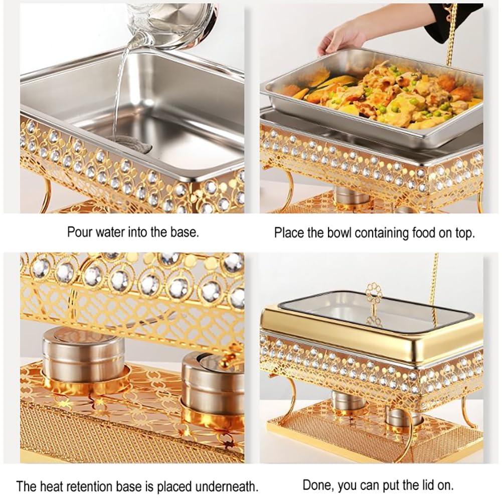 Calentador de Buffet Dorado de Acero Inoxidable, diseño de Tapa Colgante, Bandeja Comercial para Calentar Alimentos, Adecuado para restaurantes de hoteles, Banquetes y Fiestas