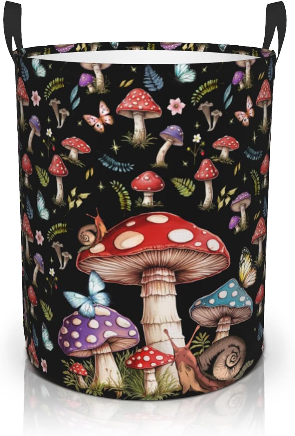 Cute Mushroom Black Collapsible Laundry Basket Foldable With Handles Tote Bag Oxford Cloth Laundry Hamper Clothes Storage Bucket Toy Organizer For Bathroom Laundry Bedroom Room Home Decor 18.9"x16.5"