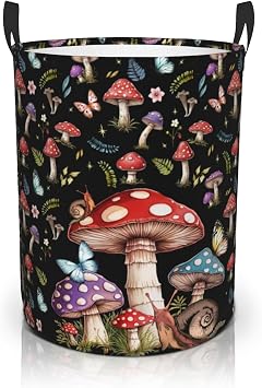 Cute Mushroom Black Collapsible Laundry Basket Foldable With Handles Tote Bag Oxford Cloth Laundry Hamper Clothes Storage Bucket Toy Organizer For Bathroom Laundry Bedroom Room Home Decor 18.9"x16.5"